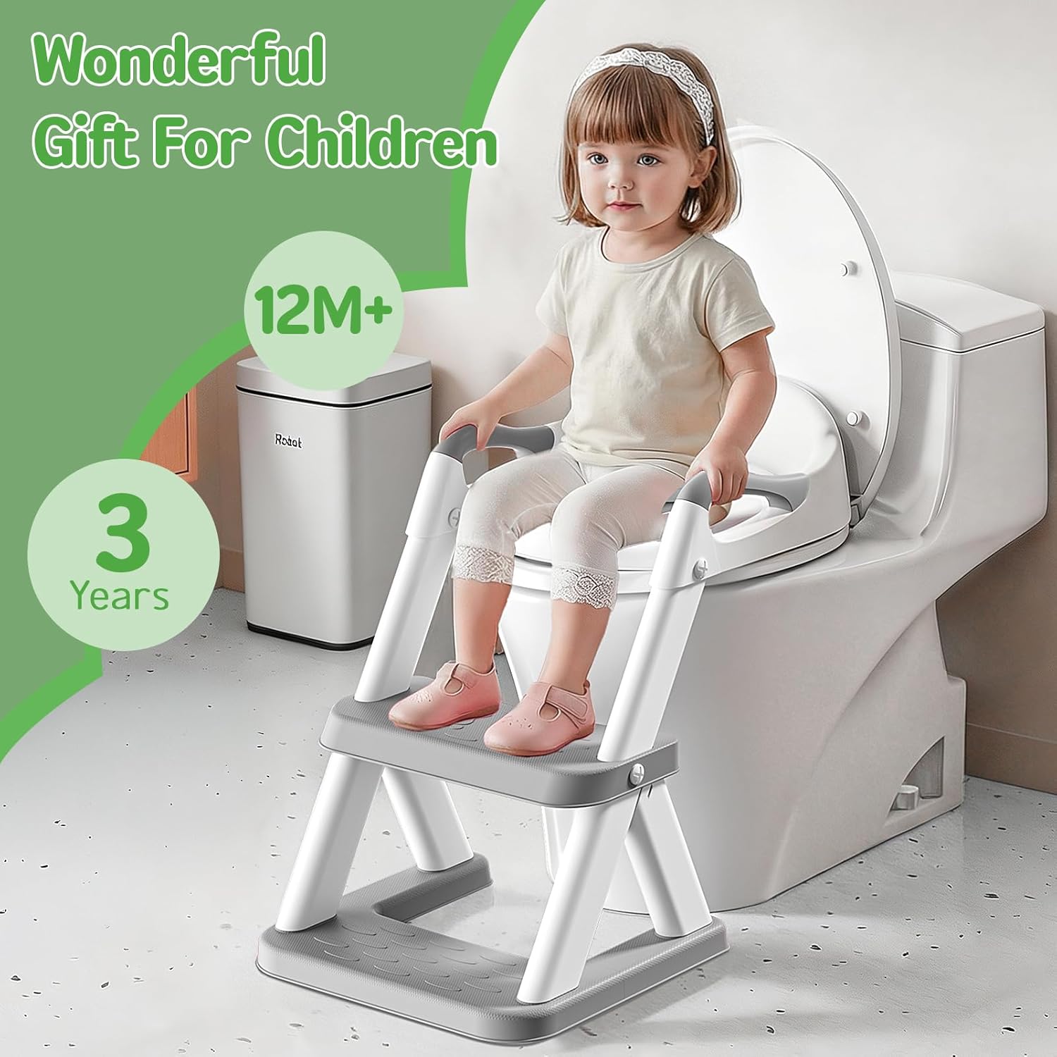 Potty Training Toilet Seat with Steps, 2-in-1 Toddler Toilet Seat for Boys Girls with Splash Guard Soft Anti-Slip Pad,Grey
