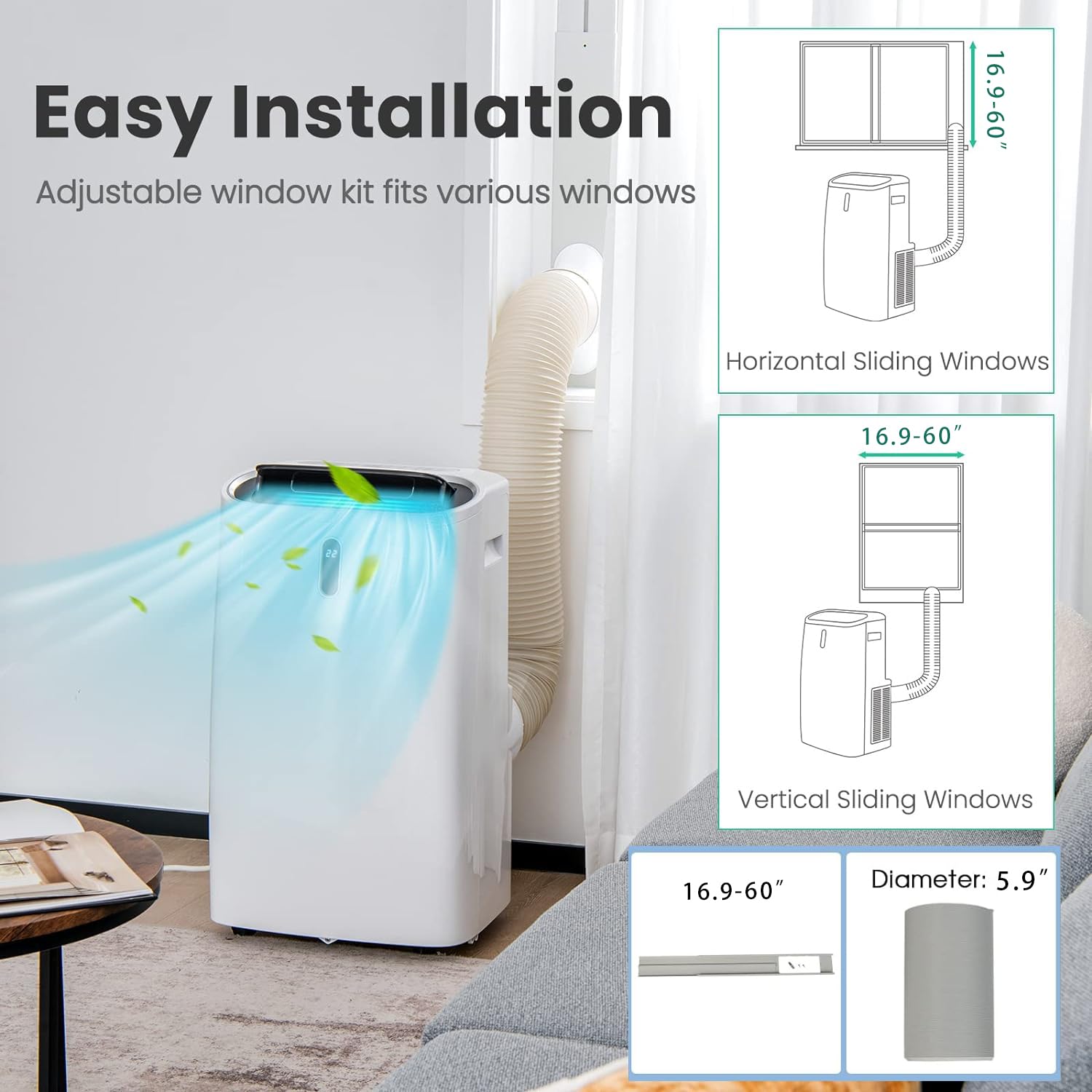 Kit de ventilación de ventana de aire acondicionado portátil con manguera de escape de 5.9 pulgadas, manguera universal de CA en sentido contrario a las agujas del reloj para unidad de CA
