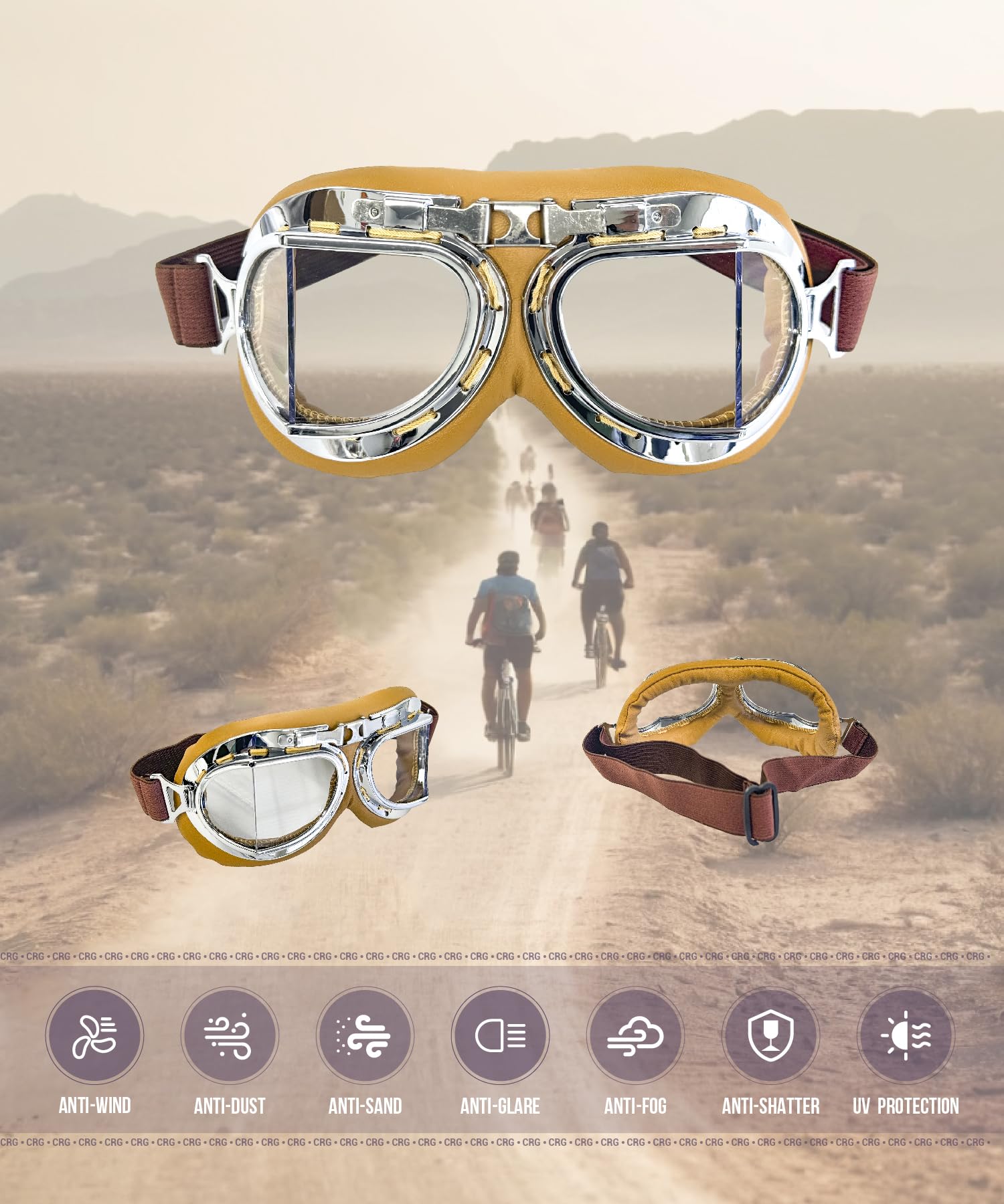 CRG Sports Motorcycle Goggle Aviator Pilot Style Cruiser Scooter Motocross Goggles for Man, Woman, Adult