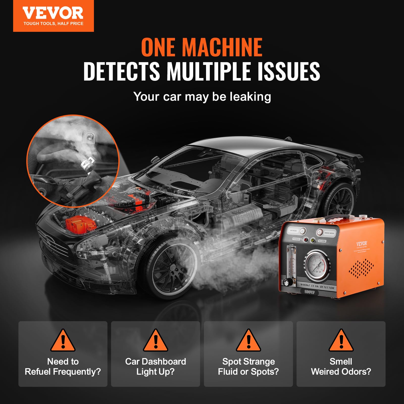 VEVOR Detector de Fugas de Humo para Automóviles, con Bomba de Aire Incorporada, Manómetro y Caudalímetro, Modo Dual para Pruebas de Vacío, Combustible y Tuberías, 273 x 176 x 197 mm, 19-23 PSI