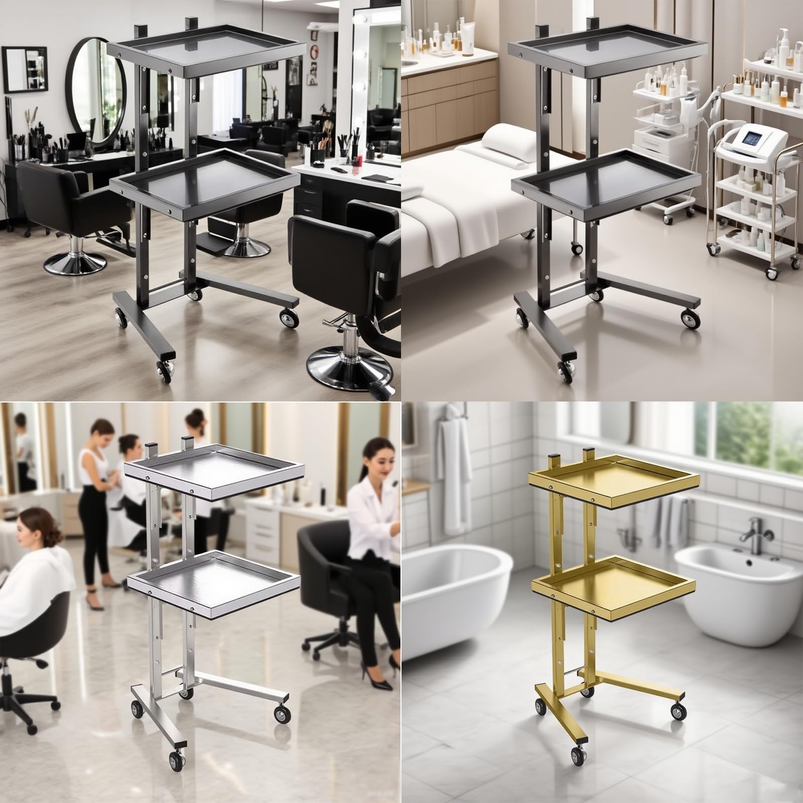 Carrito de herramientas de peluquería de acero inoxidable 304, diseño grueso y plegable con asas curvas y ruedas universales para profesionales de la belleza, equipo duradero de salón