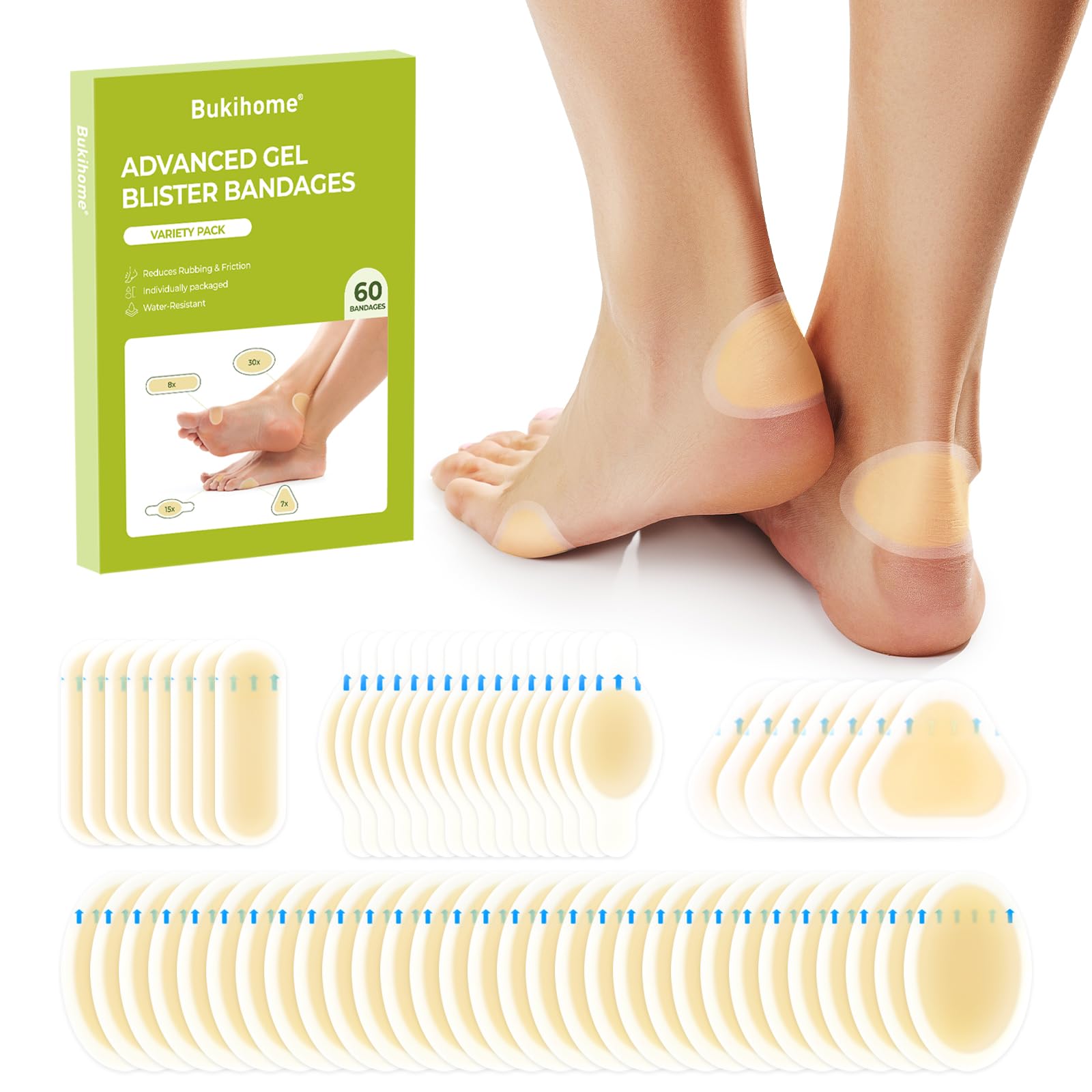 Bukihome Gel Blister Hydrocolloid Bandages - 60Pcs Blister Cushions for Foot - Water Resistant Adhesive Bandages, Toe Blister Pads for Prevention &