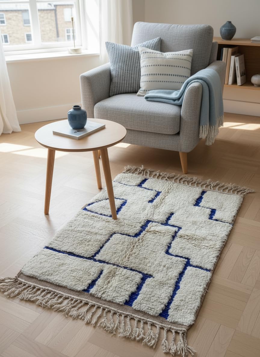Tapis berbère Azilal marocain en Laine – 100x150 cm – Fait Main – Tapis de Salon, Chambre ou Bureau – Déco Ethnique Chic