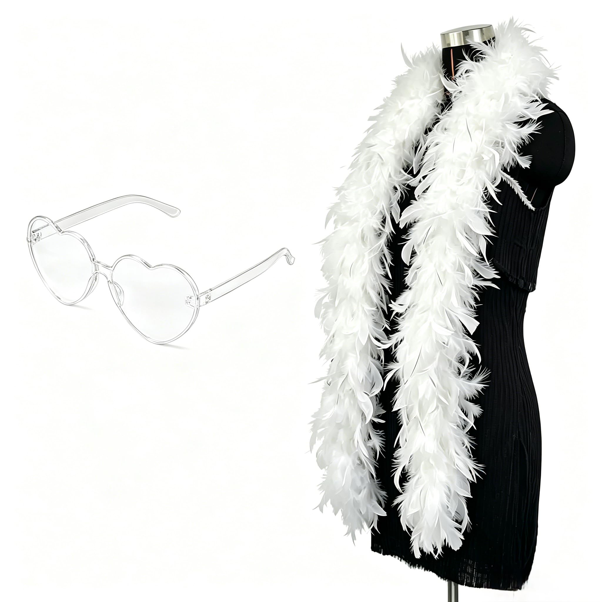 Piiannm White Feather Boa with Heart Sunglasses for Dancing Wedding Festival Decoration
