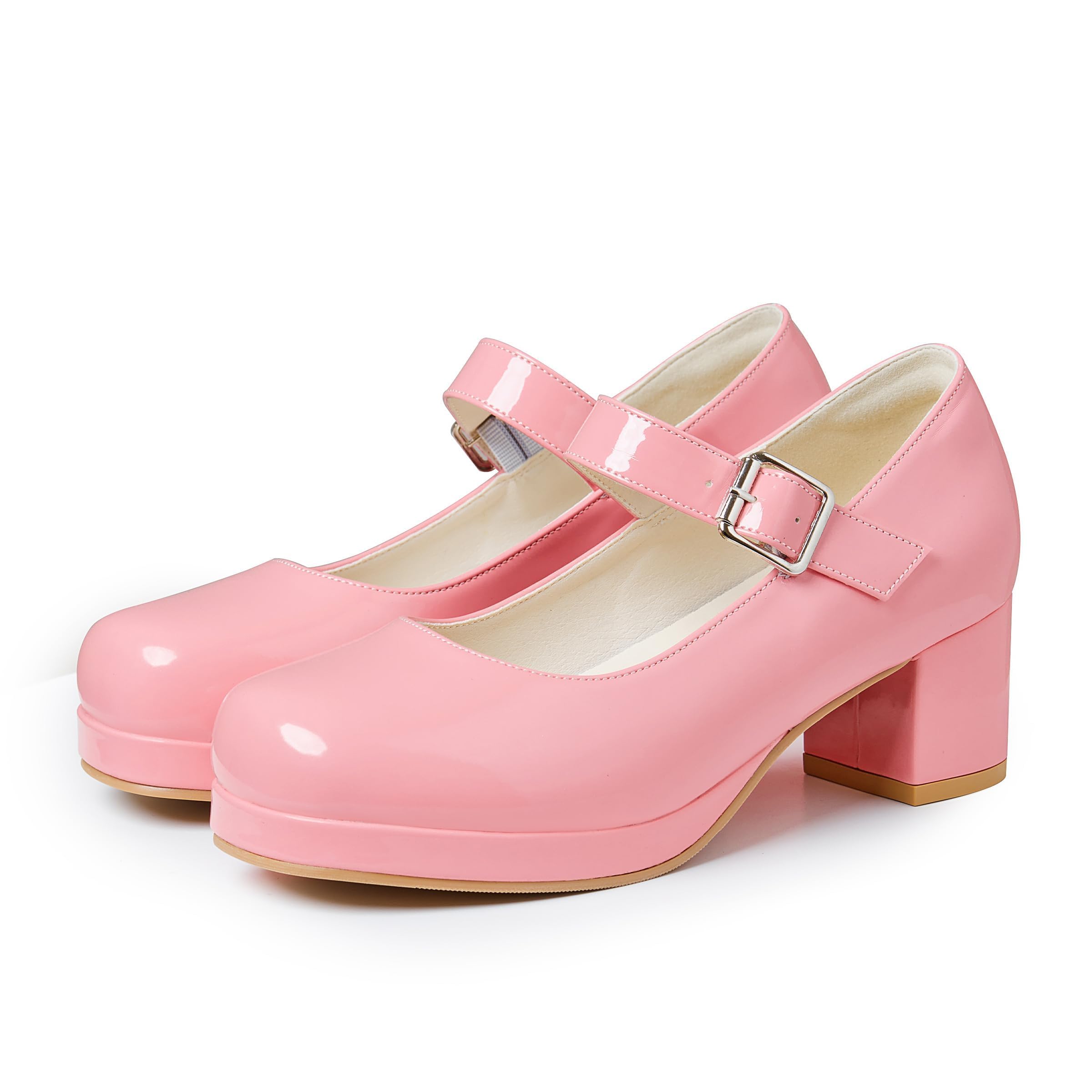 femflame Women's Low Chunky Heel Mary Jane Pumps Ankle Buckle Strap Sweet Round Toe Dress Shoes JK Cosplay Uniform Dress Shoes