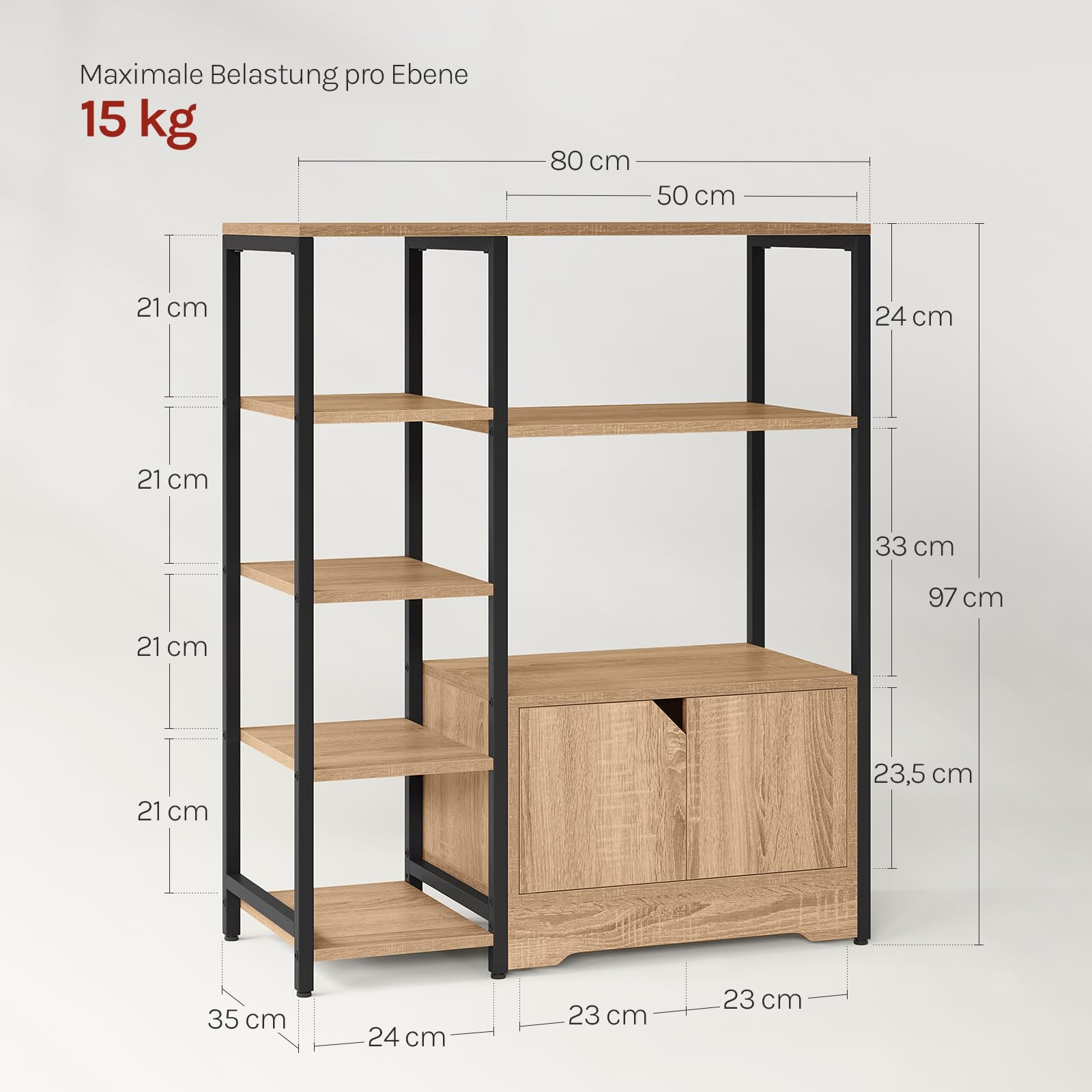 WOLTU Bücherregal, Standregal, Bücherschrank mit Türen, für Wohnzimmer Schlafzimmer Küche, Industrial, Metallrahmen, 80x97x35 cm, schwarz+helle Eiche, RGB08hei