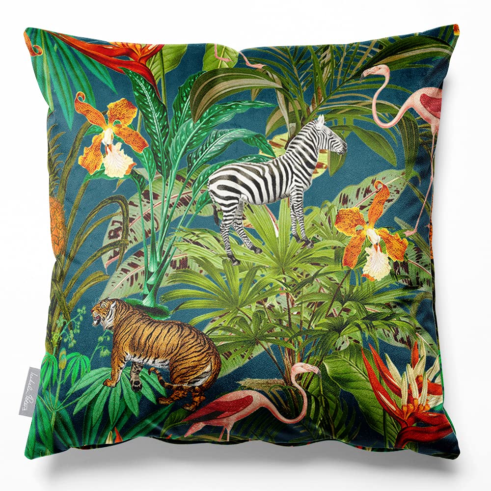 Izabela Peters Teal Velvet Cushions - Eco-Friendly, Filled, 40 Cm, Jungle Fusion - Chair & Sofa Seat Cushions
