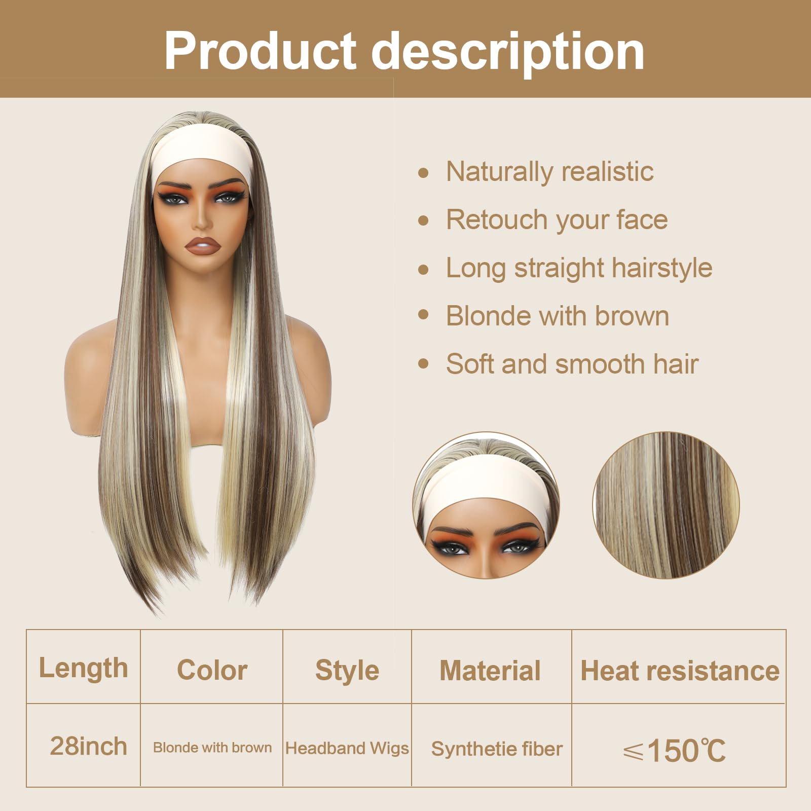 Yacurcur Headband Wigs Silky Straight Hair Glueless Headband Wig None Lace Front Headband Wig Synthetic Straight Hair Headband Wigs for Women 150% Density Blonde with Brown Color 28 Inch - Image 2