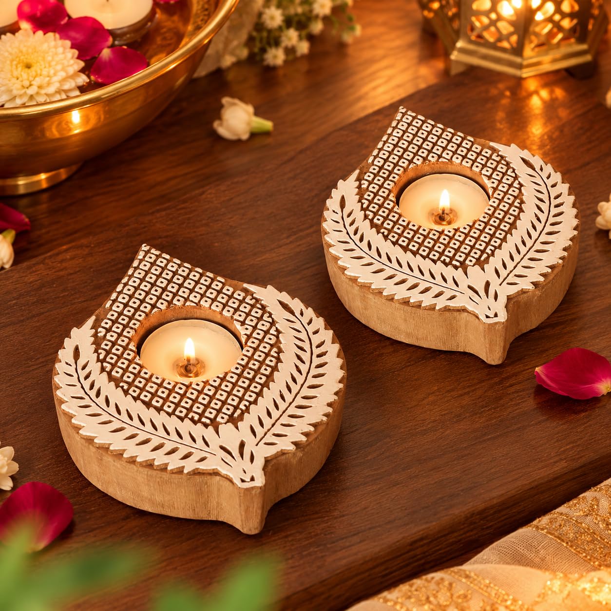 TIED RIBBONS Set of 2 Wooden Leaf Design Tealight Candle Holder Stand (12.7 cm x 10.1 cm) - Diwali Decoration Items for Home Décor - Gifts Items for Family Friends (Tea Light Included)