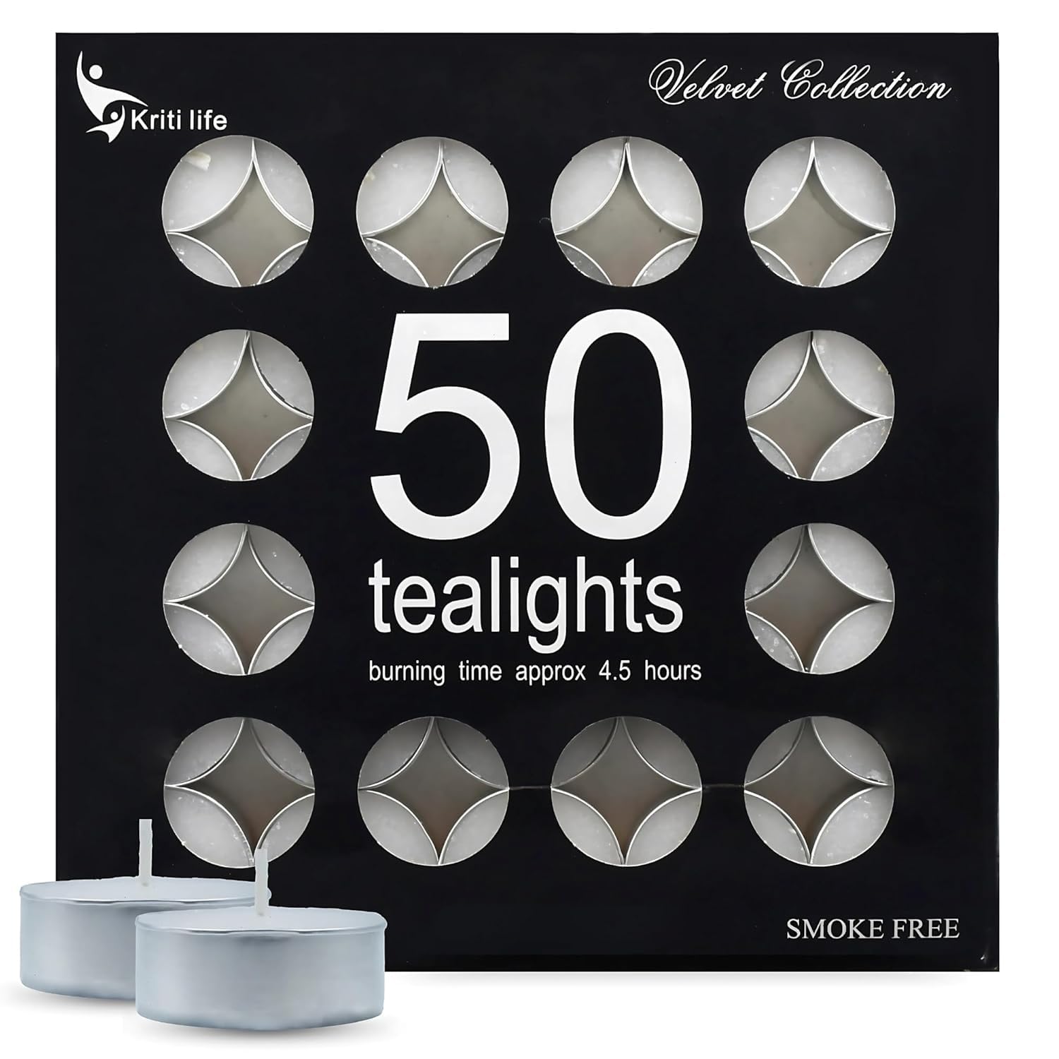 Kriti Life Tealight Candles 100% Paraffin Wax 4.5 Hours | Set of 50 Pcs | Smokeless & Unscented | Dripless White Perfect Candles for Home Decor-picture-26
