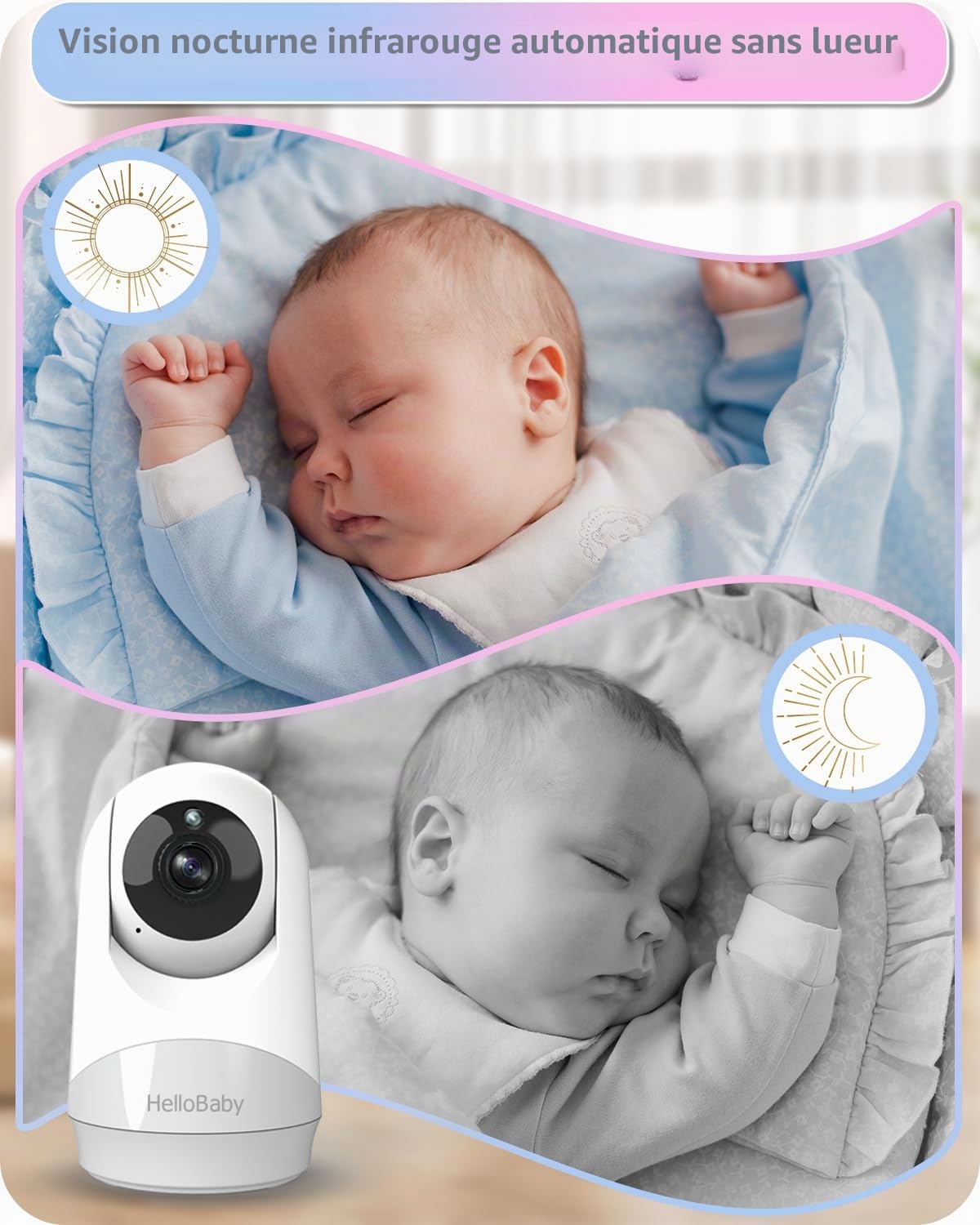 HelloBaby babyphone caméra,29 Heures de Batterie Babyphone Caméra Bébé, 355°/120° Caméra PTZ Longue Portée,Eco,Affichage de l'heure, Conversation Bidirectionnelle, Jusqu'à 1000 Pieds (HB6240)
