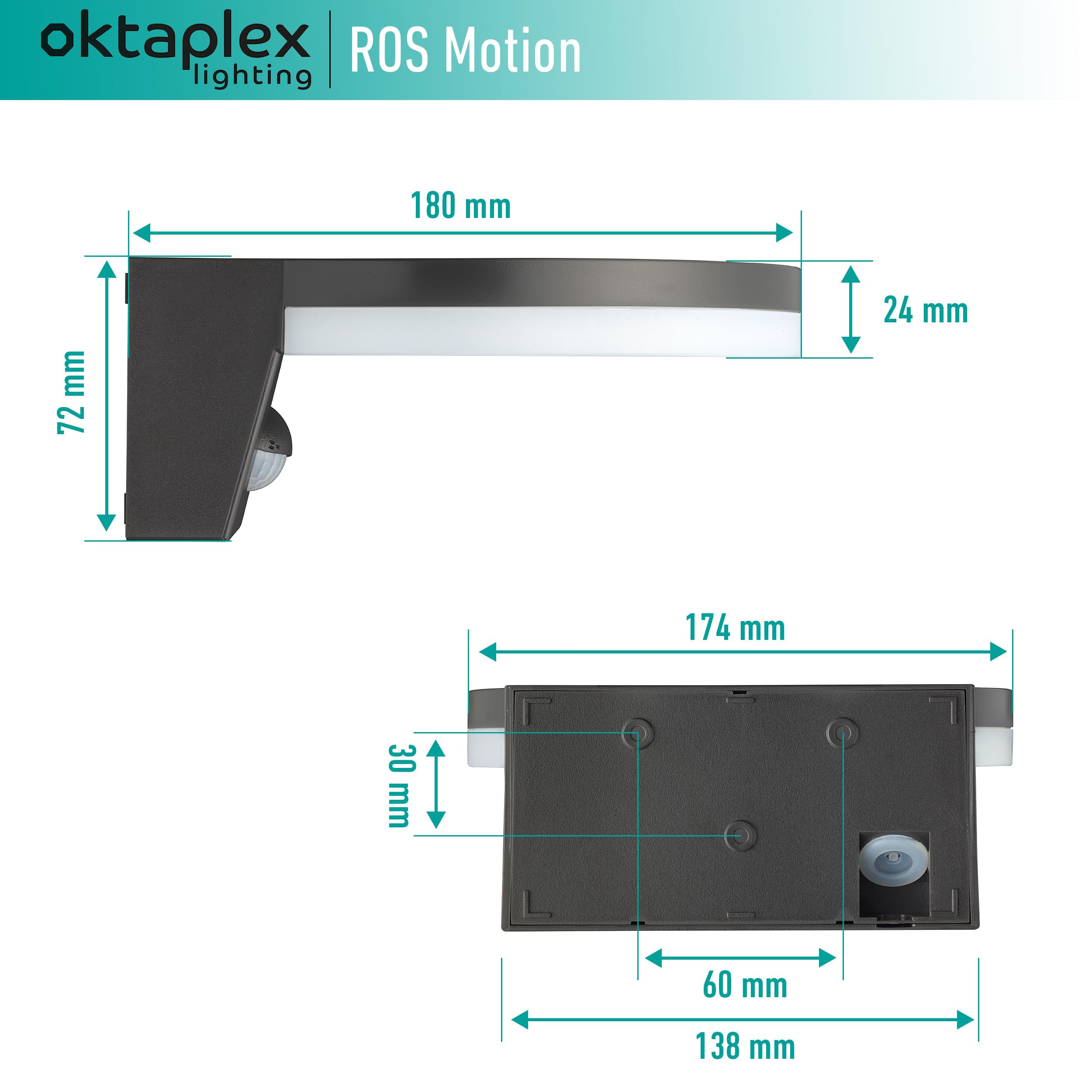 Oktaplex Lighting Ros lampa zewnętrzna z czujnikiem ruchu IP65, 3000 K ciepła biel, lampa LED, 1300 lumenów, 14,6 W, 230 V, lampa ścienna antracytowa