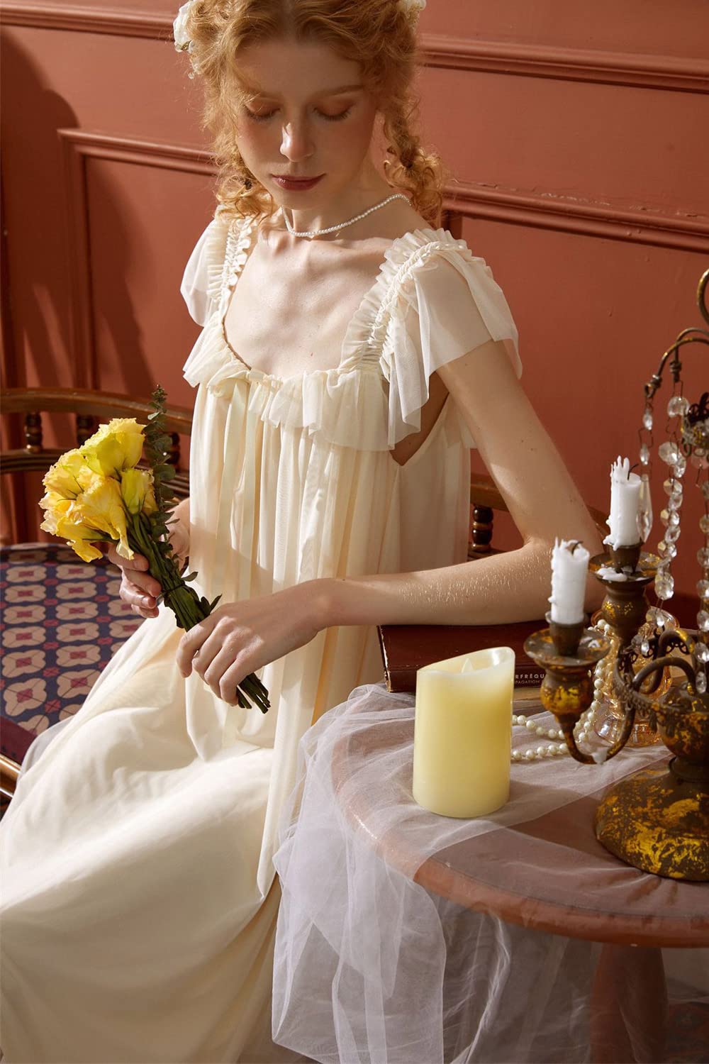 SINGINGQWEEN Womens' Summer Victorian Nightgown Babydoll Chemises Sleepwear Sheer Nightdress Bridal Nighty Pajamas: Small Apricot