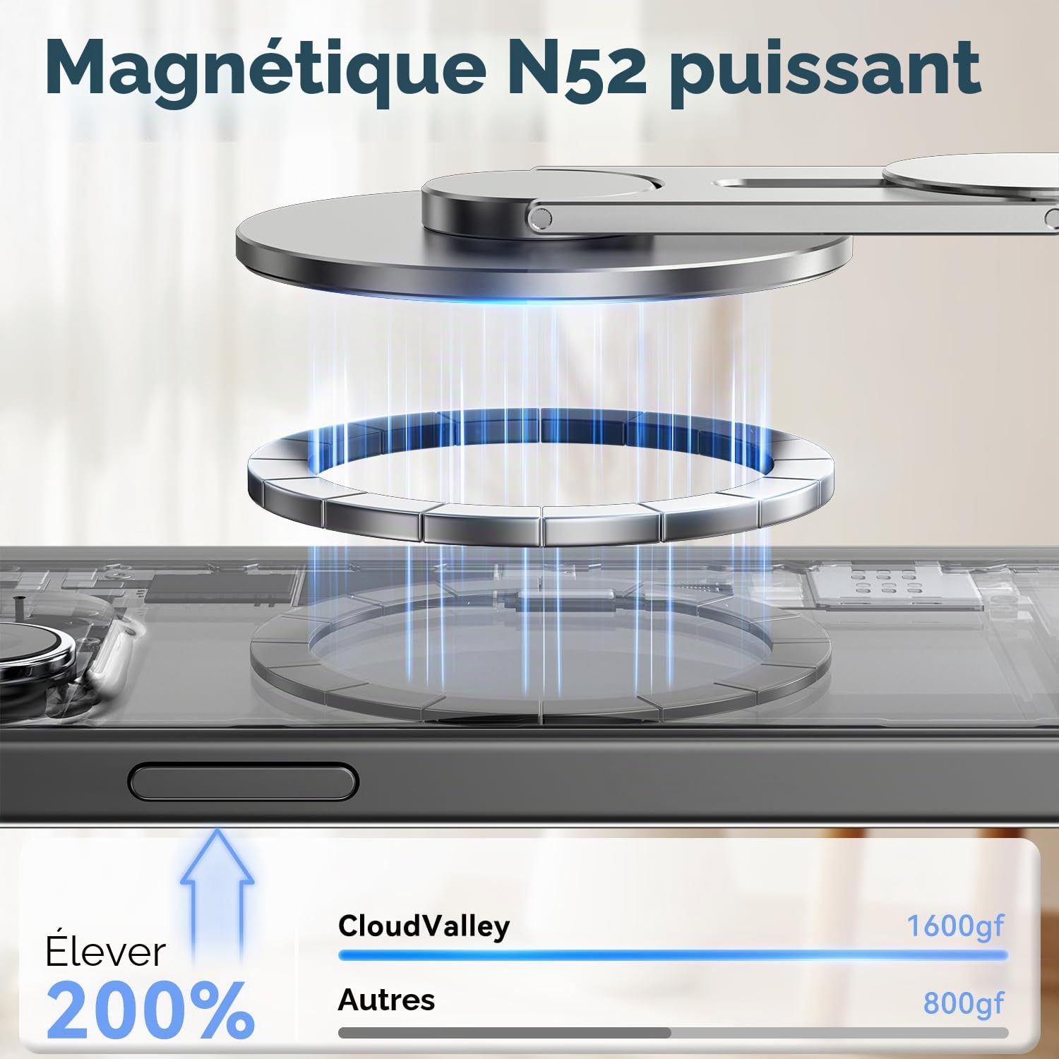 CloudValley Support Téléphone Magnétique pour Ordinateur Portable, Caméra de Continuité 3D Réglable pour iPhone Mag et Tous Les Téléphones, Holder Oliable pour Tesla, PC et Moniteur de Gym, Argent
