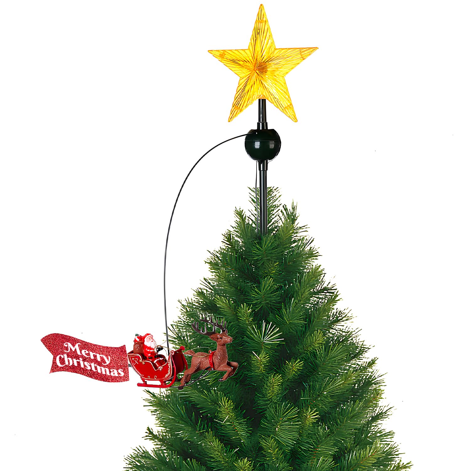 Décoration De Sapin De Noël, étoile Musicale Rotative à LED Avec Traîneau Du Père Noël Et Téléphérique Pour Décoration De Sapin De Noël
