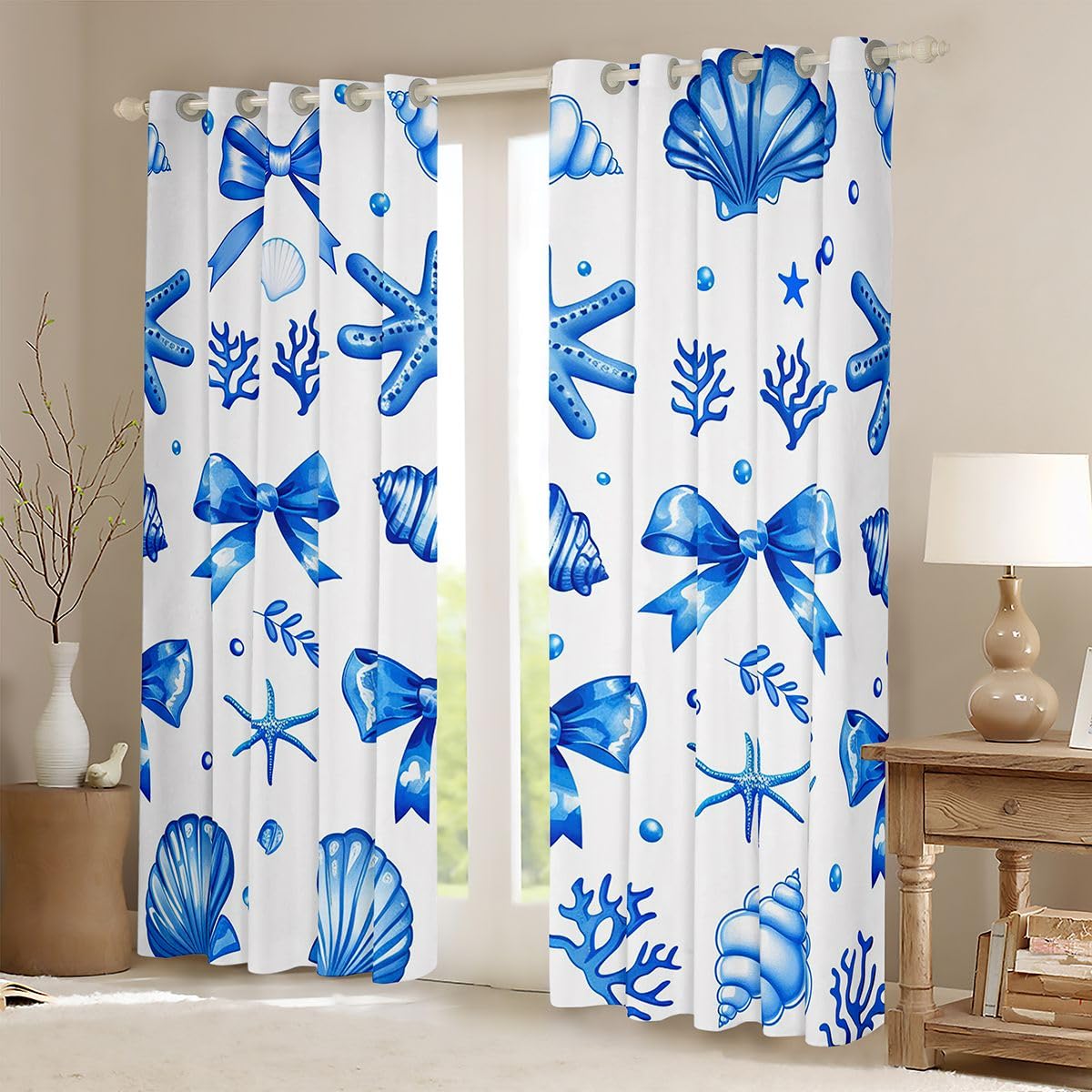 Homemissing Blue Coquette - Tende oscuranti per camera da letto, soggiorno, stelle marine, conchiglie, oscuranti, con fiocco, tendaggi per finestre, 2 pannelli, 167,6 x 182,8 cm, decorazione estiva
