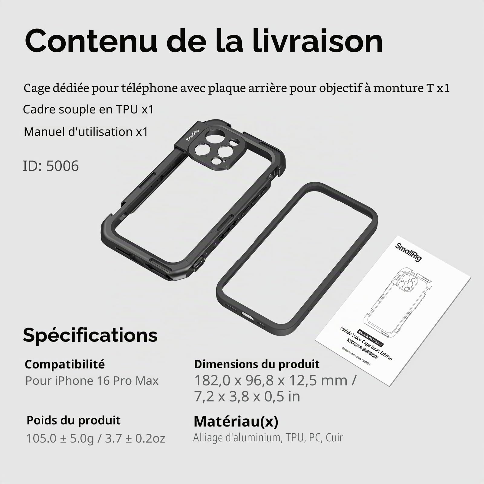 SMALLRIG Cage vidéo Mobile Basic Edition pour iPhone 16 Pro Max avec Plaque arrière d'objectif à Monture en T, Cadre Souple en TPU, pourpour Le Tournage vidéo et la Diffusion en Direct - 5006
