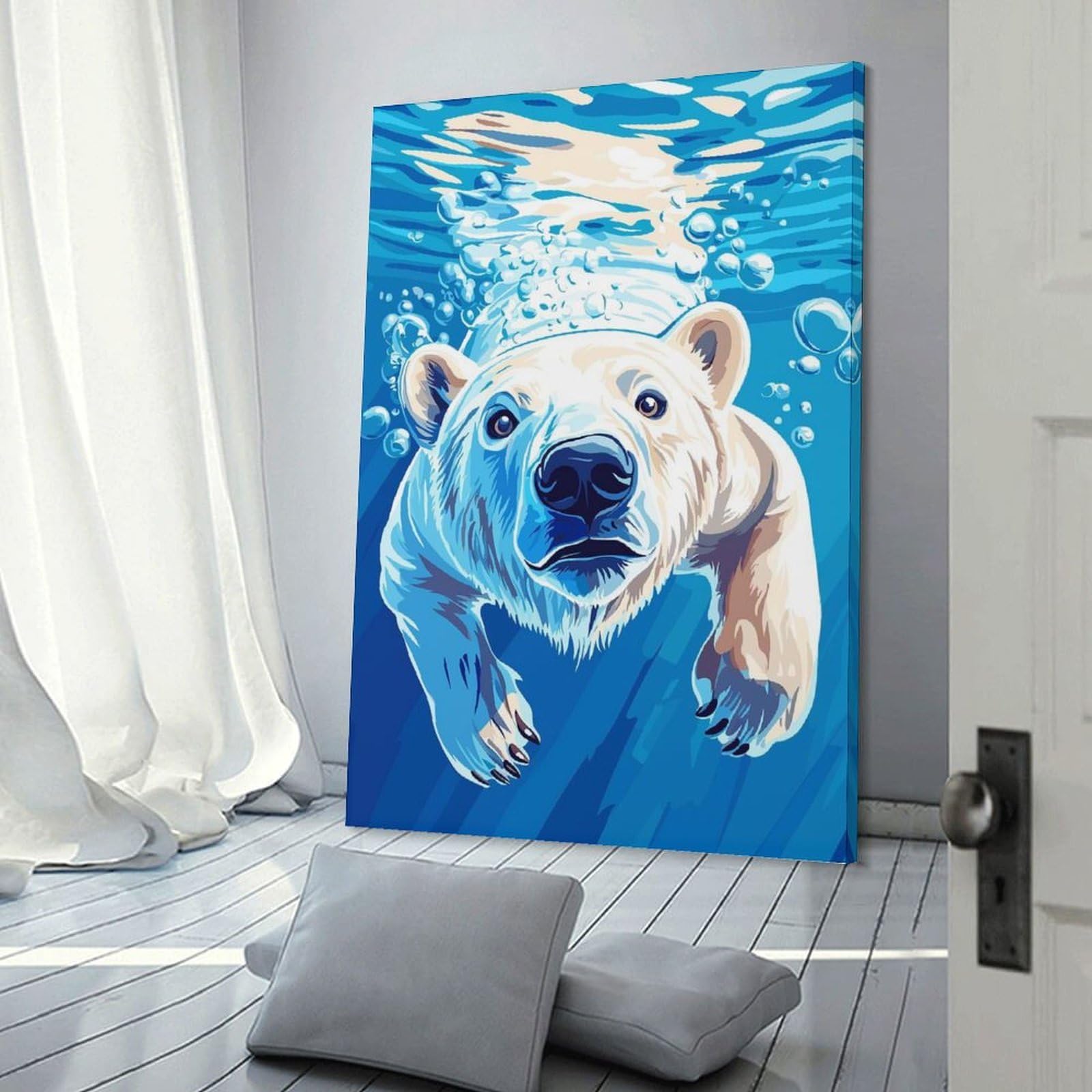 Junmoney Frame-Style-13 Hanging Wall Art Polar Bear Swimming Underwater Illustration, 16X24inch(40X60cm), For Entryway, Lounge Links Or Small Walls, A Neat Decor Update For Hallways
