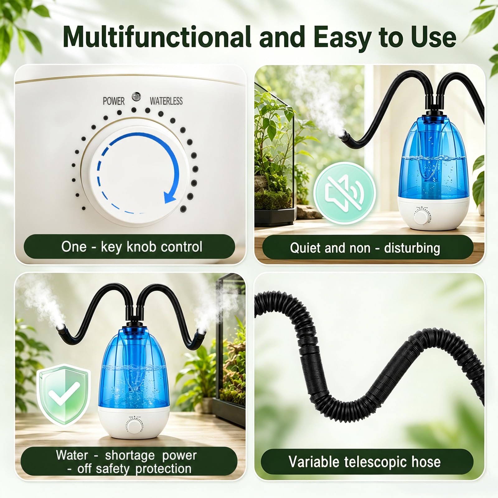 Nebulizzatore per Terrario Rettili, 4L Umidificatore per Terrario 300mL/h, Tubo Regolabile 40-160cm, 7 Colori Luce Notturna, Protezione Anti-Siccità, Ultrasonico Silenzioso con Doppio Ugello