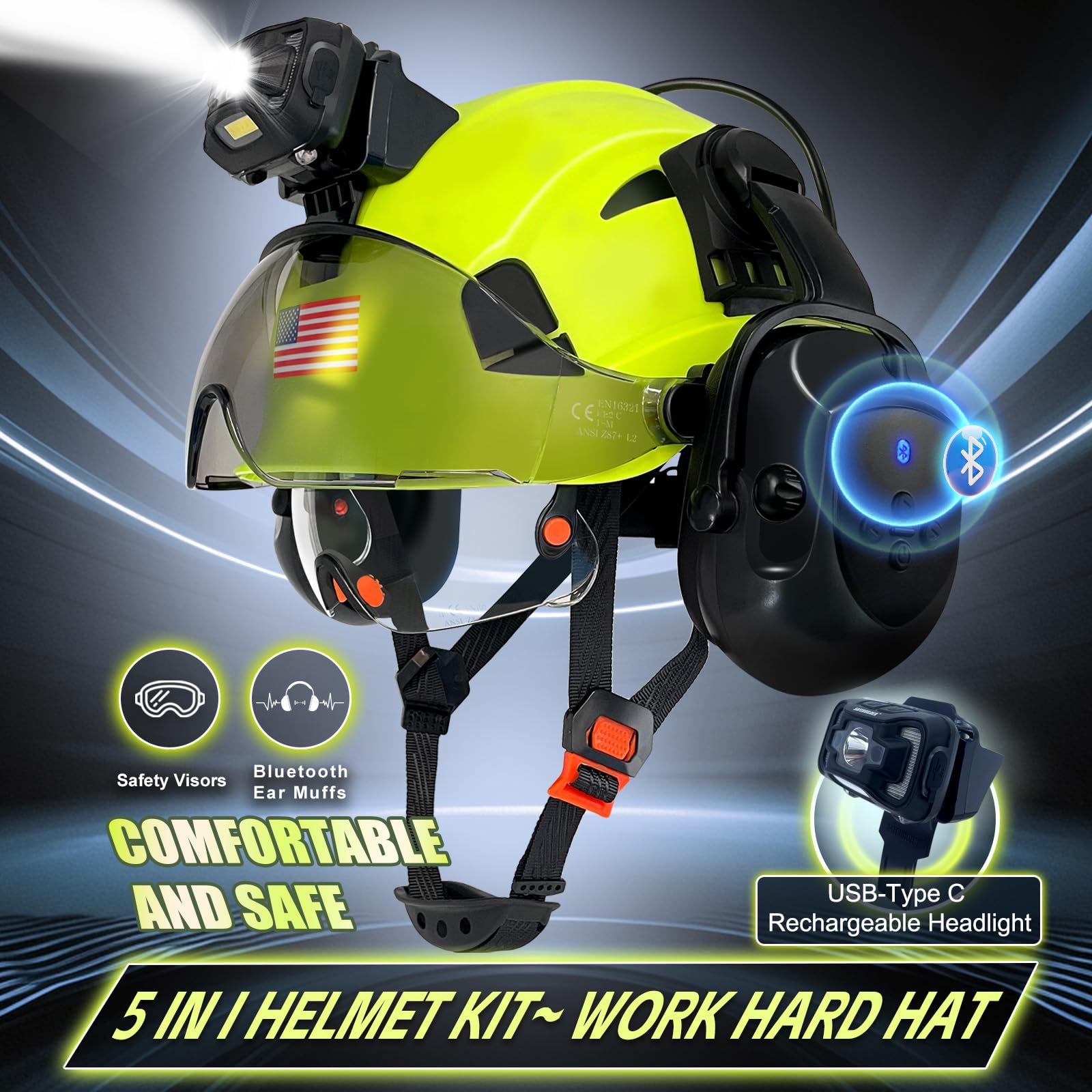SAFEBUILDER Cascos duros con orejeras Bluetooth, casco de seguridad con visera ventilada ajustable para construcción forestal ANSI