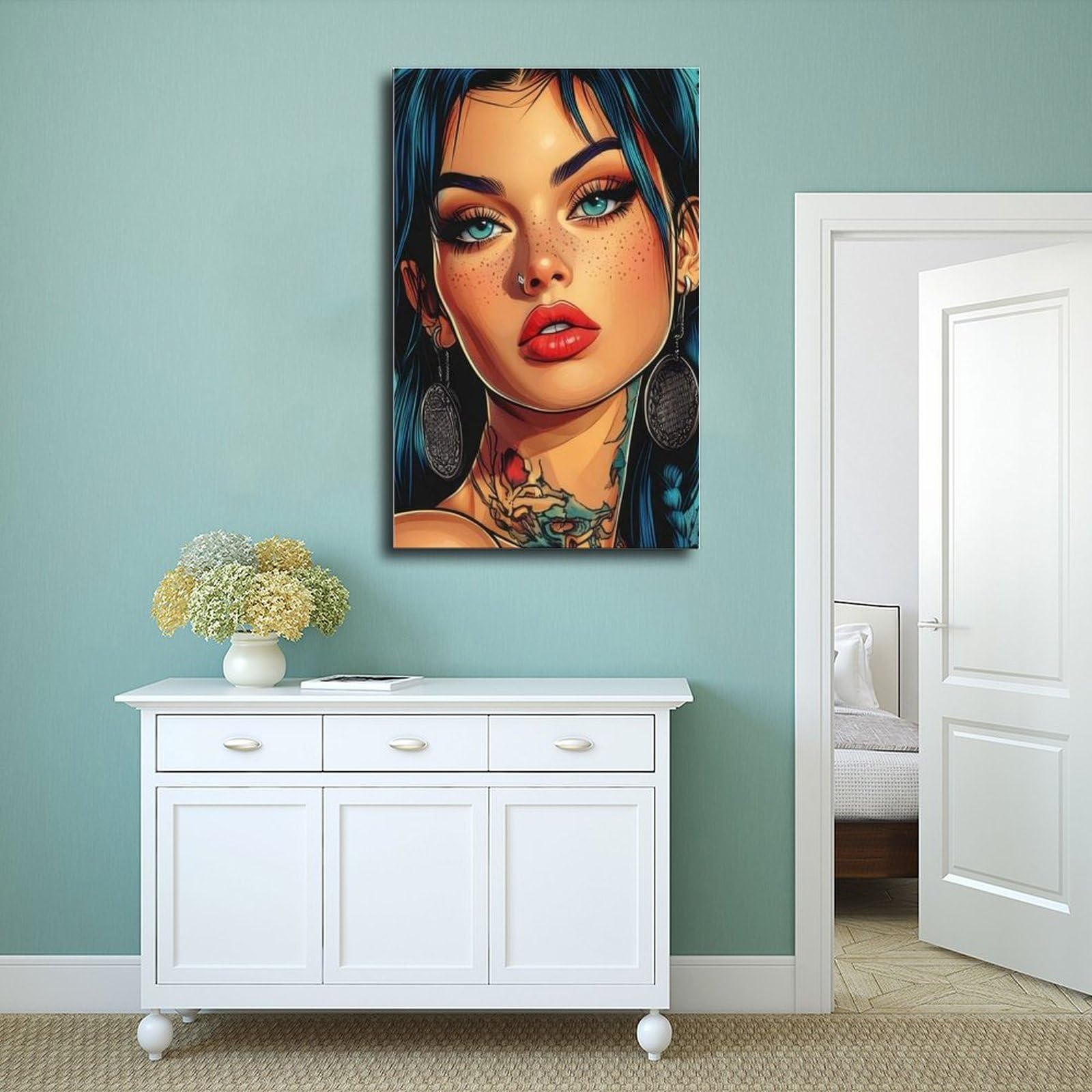 WJWART Poster Pop Art - Femme tatouée audacieuse de style bande dessinée - Décoration de chambre à coucher - Cadeau de décoration de chambre à coucher (60 x 90 cm)