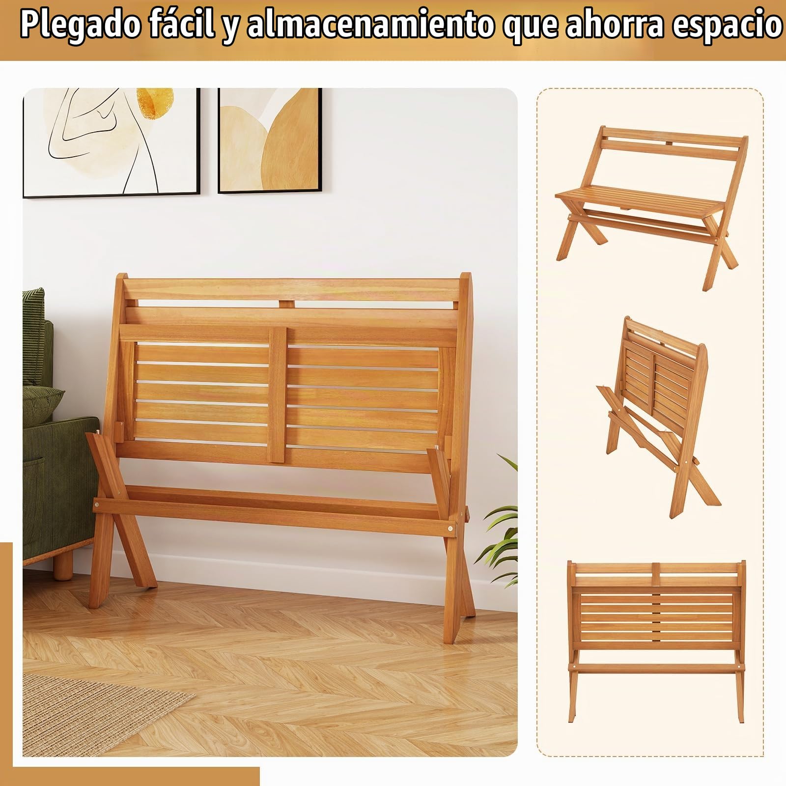 KOMFOTTEU Banco Plegable para 2 Personas, Madera de Acacia, Carga 360 kg | Asiento Exterior para Jardín, Porche, Balcón, Parque, 56 x 105 x 80 cm