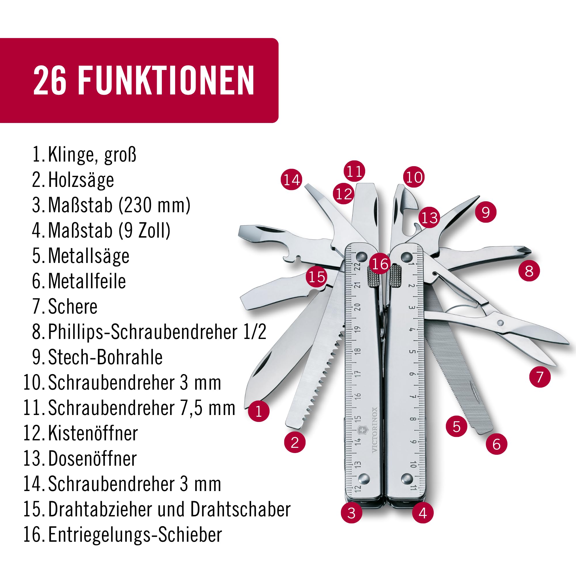 Victorinox Multifunktionswerkzeug Swiss Tool X, 26 Funktionen, Swiss Made, Multitool mit Feststellklinge, Inkl. Leder-Etui, Silber