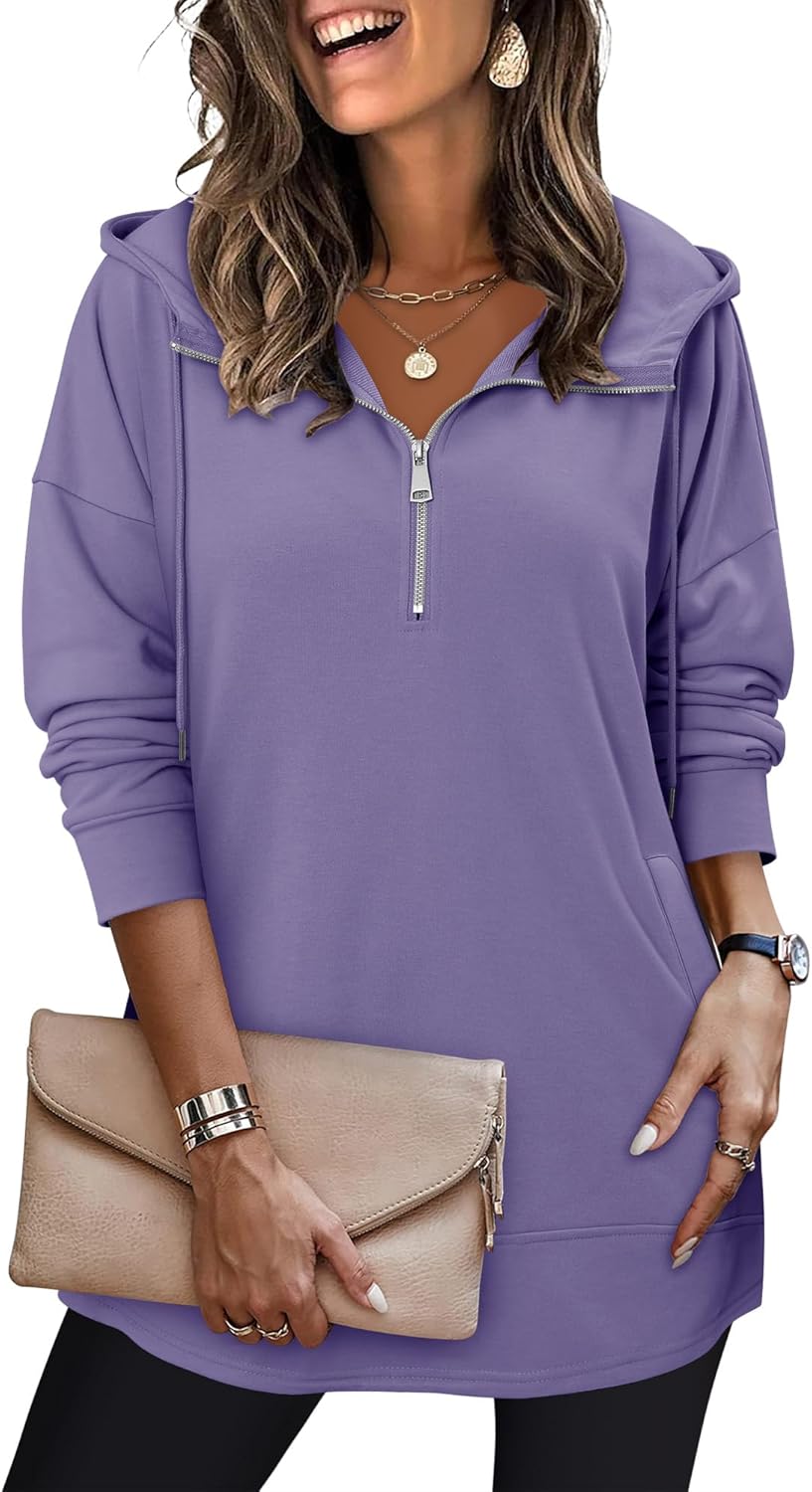 onlypuff Women Hoodie Pullover Trendy Quarter Zipper Lapel Sweatshirts Drawstring Cute Hooded Tunic Tops with Side Pockets - Image 3