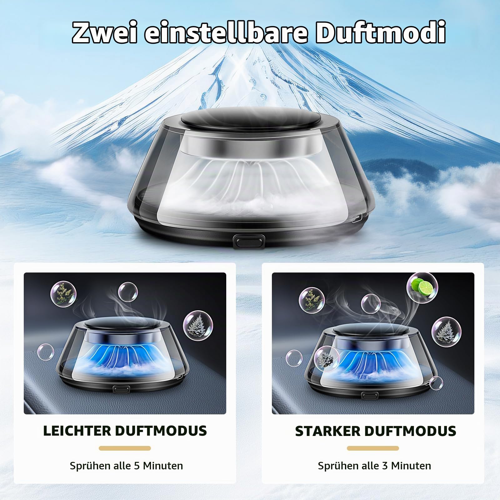 Kwak's Intelligenter Auto-Duftzerstäuber mit automatischer Ein‑/Ausschaltung, 5‑farbige LED‑Beleuchtung, 2 Nachfüllungen – Langanhaltendes Autoparfüm, Automatischer Duftdiffusor für Armaturenbrett