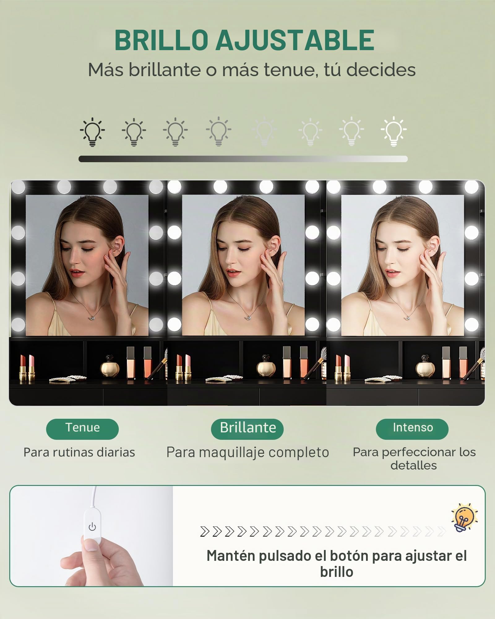 Hzuaneri Tocador, con Espejo y 10 LED Luz Regulable, Mesa de Maquillaje con 2 Cajón y 1 Armario, 3 Estantes y 4 Compartimentos Abiertos, Negro DT32506X