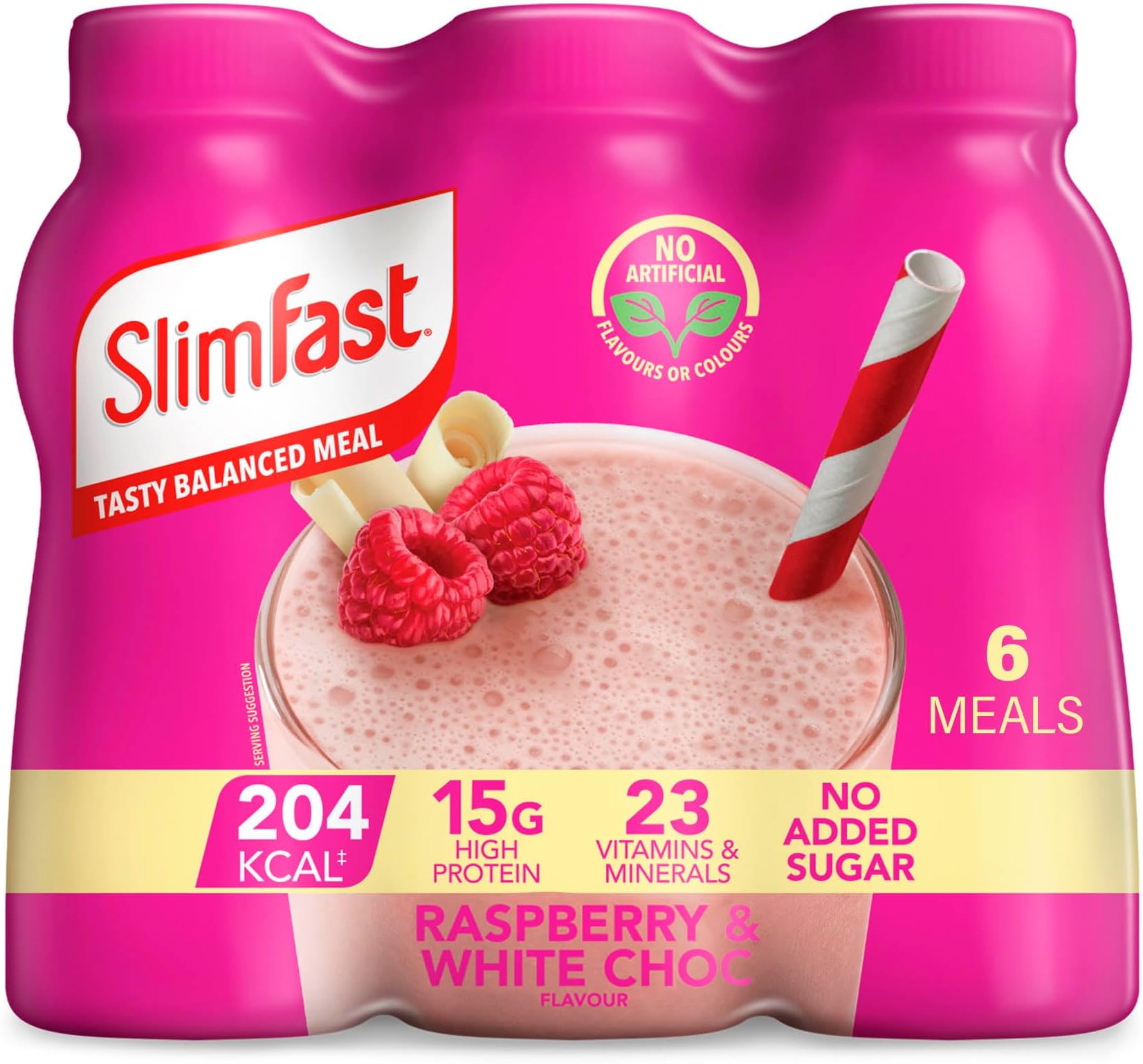 Ready To Drink Shake, Meal Replacement Shakes for Weight Loss and Balanced Diet, High Protein, Vitamins and Minerals, No Added Sugar, Raspberry and White Chocolate Flavour, 6 x 325 ml