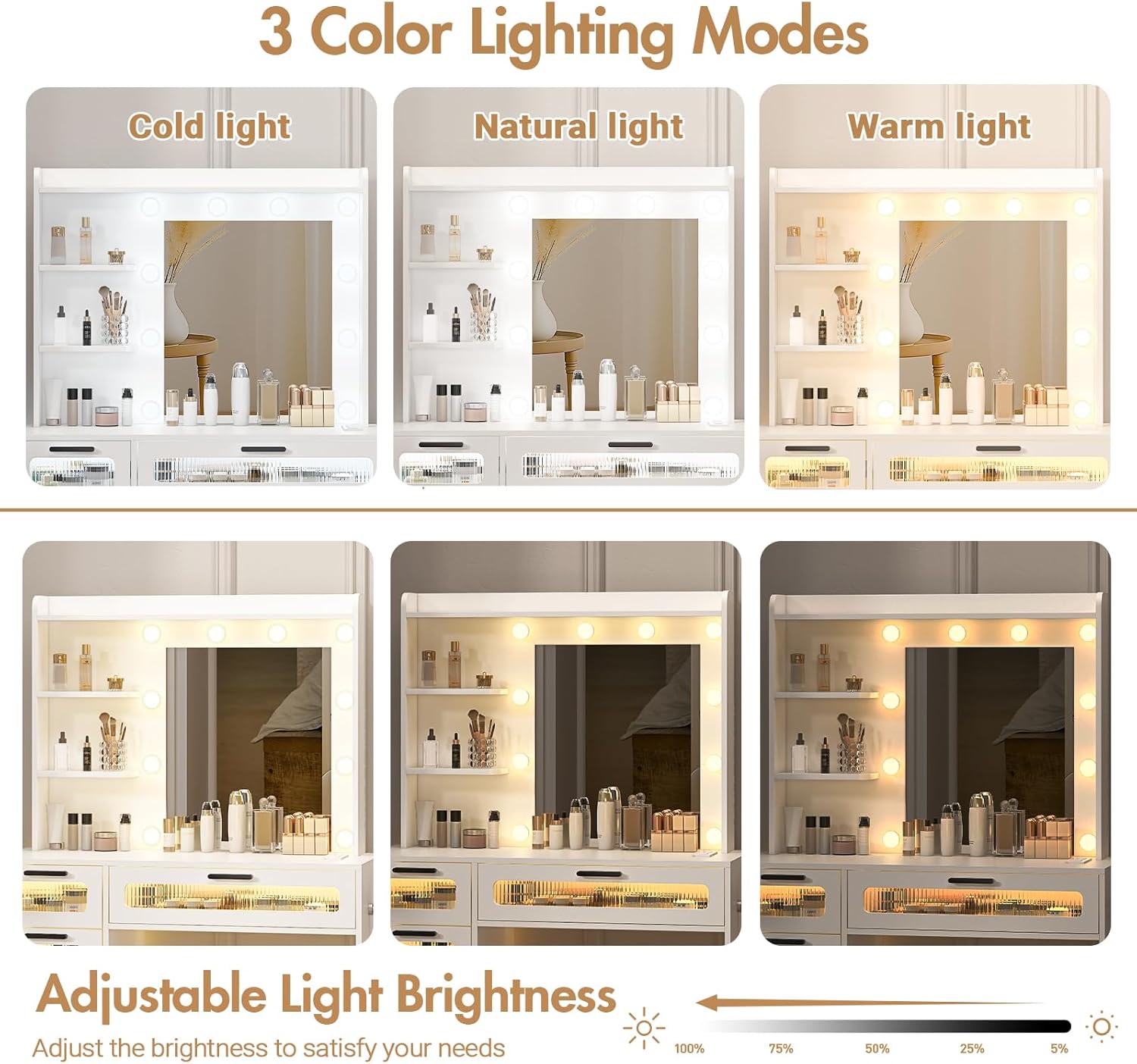 Dressing Table Stool Set, Mirror Vanity Table with 3-Color 10 LED Bulbs,Vanity Desk with 5 Storage Drawers and 2 Shelves/Charging Station,White