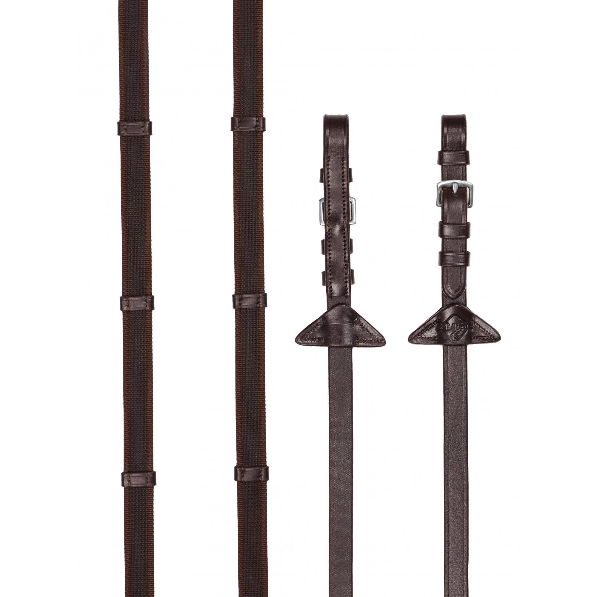 LeMieux Ruber Grip Continental Reins - Low Profile Light Grip - Optimum Spacing Between Stoppers - Havana/Silver - Full Size