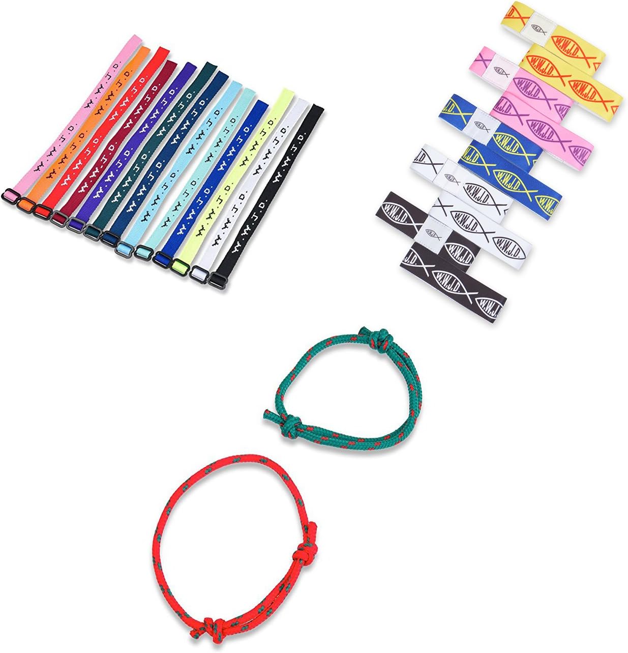 W.W.J.D. Bracelet Assortment (46 pc) Woven + Elastic Fabric Bracelet Pack - Bonus Friendship Bracelets - What Would Jesus Do Bracelets - Religious Christian Bracelet Pack