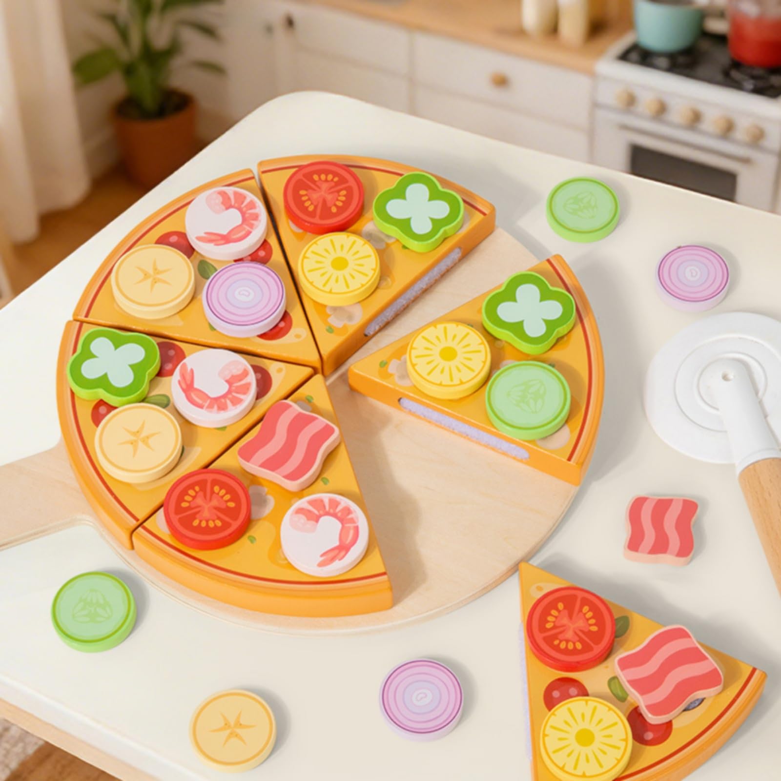 Set Pizza Giocattolo con Tagliapizza Educativo Pizza in Legno Giocattolo Creativo per Bambini in età Prescolare, Scuola Dell'infanzia