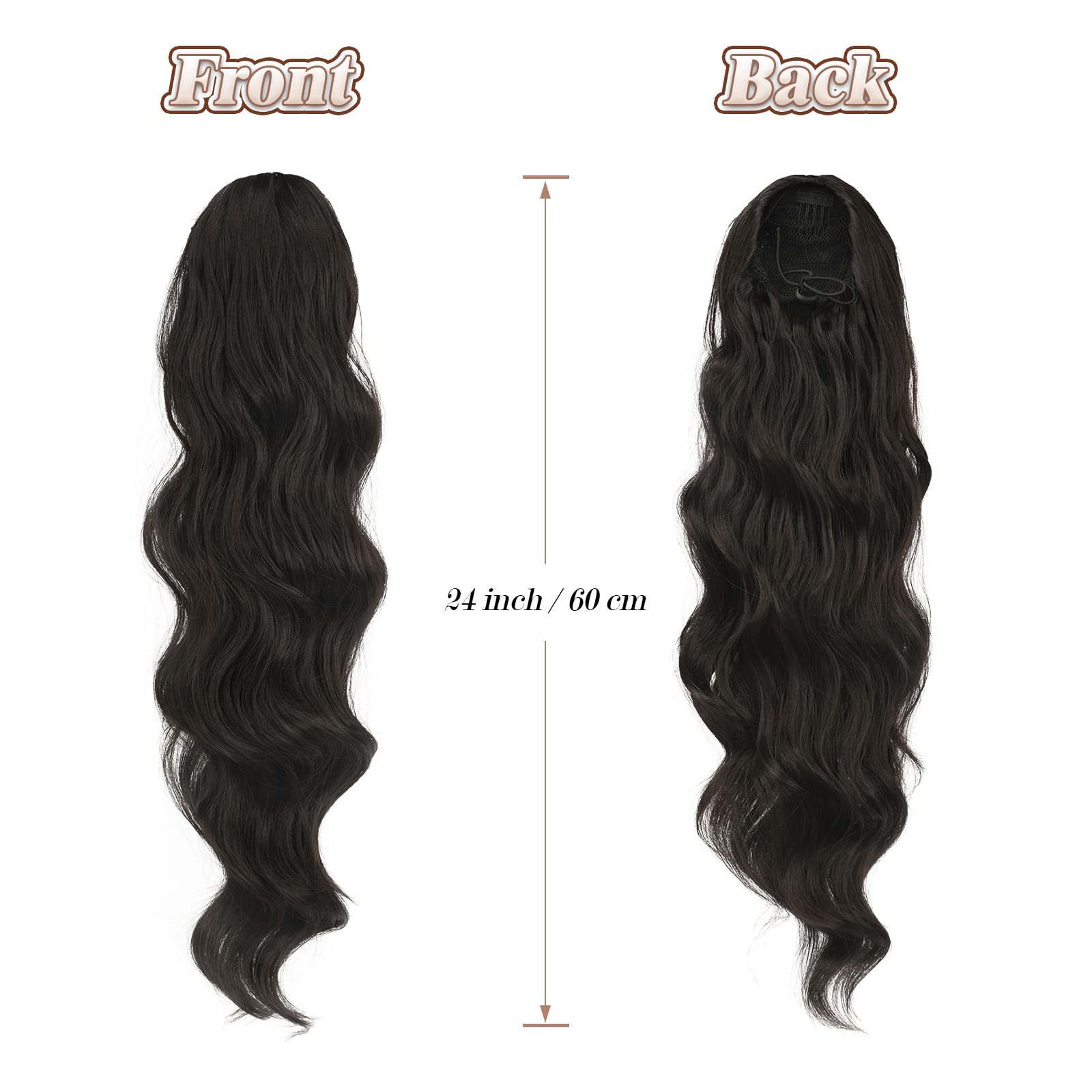 FESHFEN Queue de Cheval Cordon Longue Bouclé Ondulées Ponytail Cheveux Naturel Postiche Extension Synthétique Rajout Drawstring Ponytail Extensions pour Femmes, Noir Naturel 60 cm