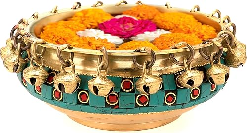 Two Moustaches Urli - Cuenco tradicional étnico de latón con campanas, cuenco Urli de latón de 6 pulgadas, Urli para flores, regalo de inauguración