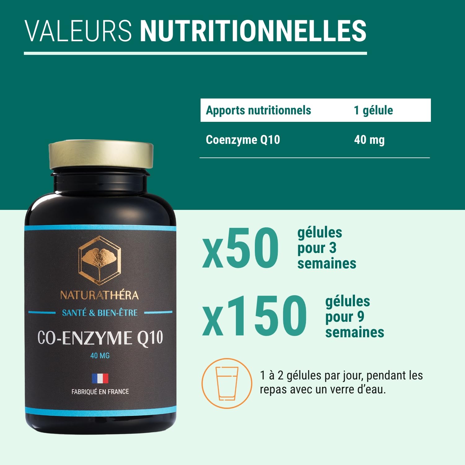 CO-ENZYME Q10 - Ubiquinone Concentrée - Complément Alimentaire Stress Oxydatif Fatigue Profonde, Beauté de la Peau - 150 Gélules - Fabriqué en France - Vegan - Sans Additifs Allergènes OGM