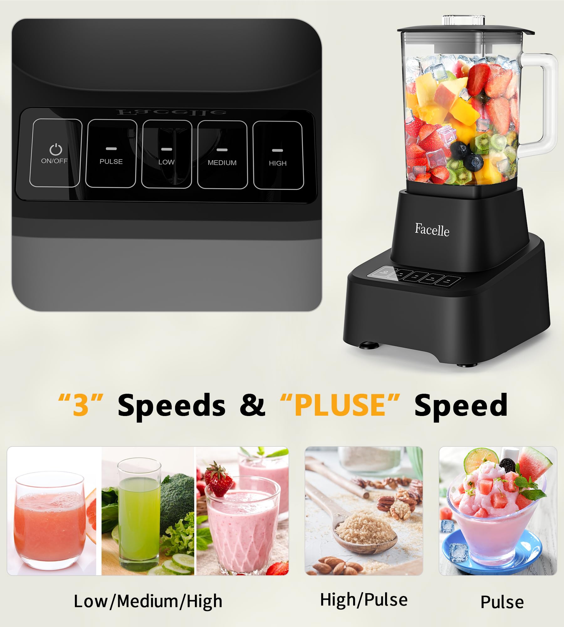 Mixeur Facile Nettoyer Facelle Blender Mixeur 1,6L Verre - Blender Smoothies Puissant 1200W Écran Tactile 3 Vitesses + Impulsion, Lame Inox Amovible - Noir