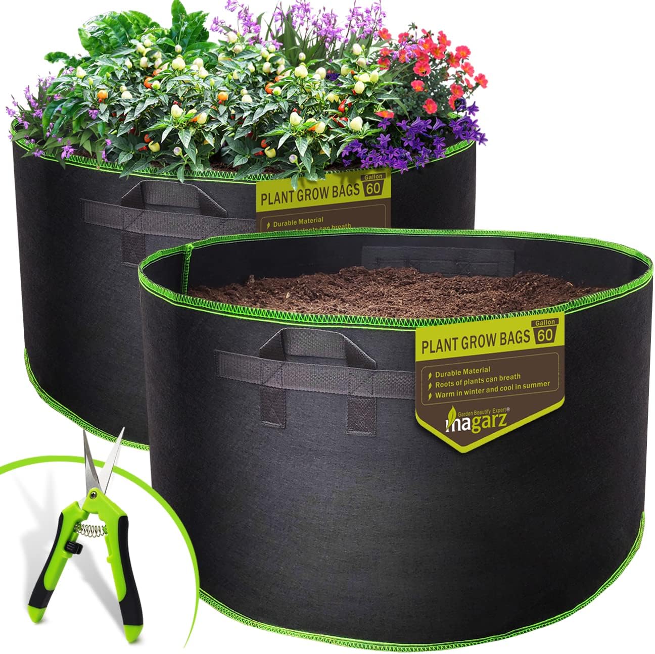 magarz 2-Pack 60 GallonFabric Flower Pots Garden Felt Grow Bags with Handle (Black)