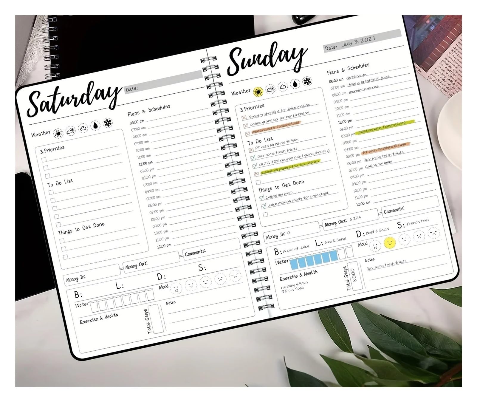 Inspirierendes Notizbuch 2-teiliges undatiertes 7-Tage-Wochenplaner-Notizbuch mit stündlichem Essensplan, Ausgaben-Tracker und Wasseraufnahme-Tracker.