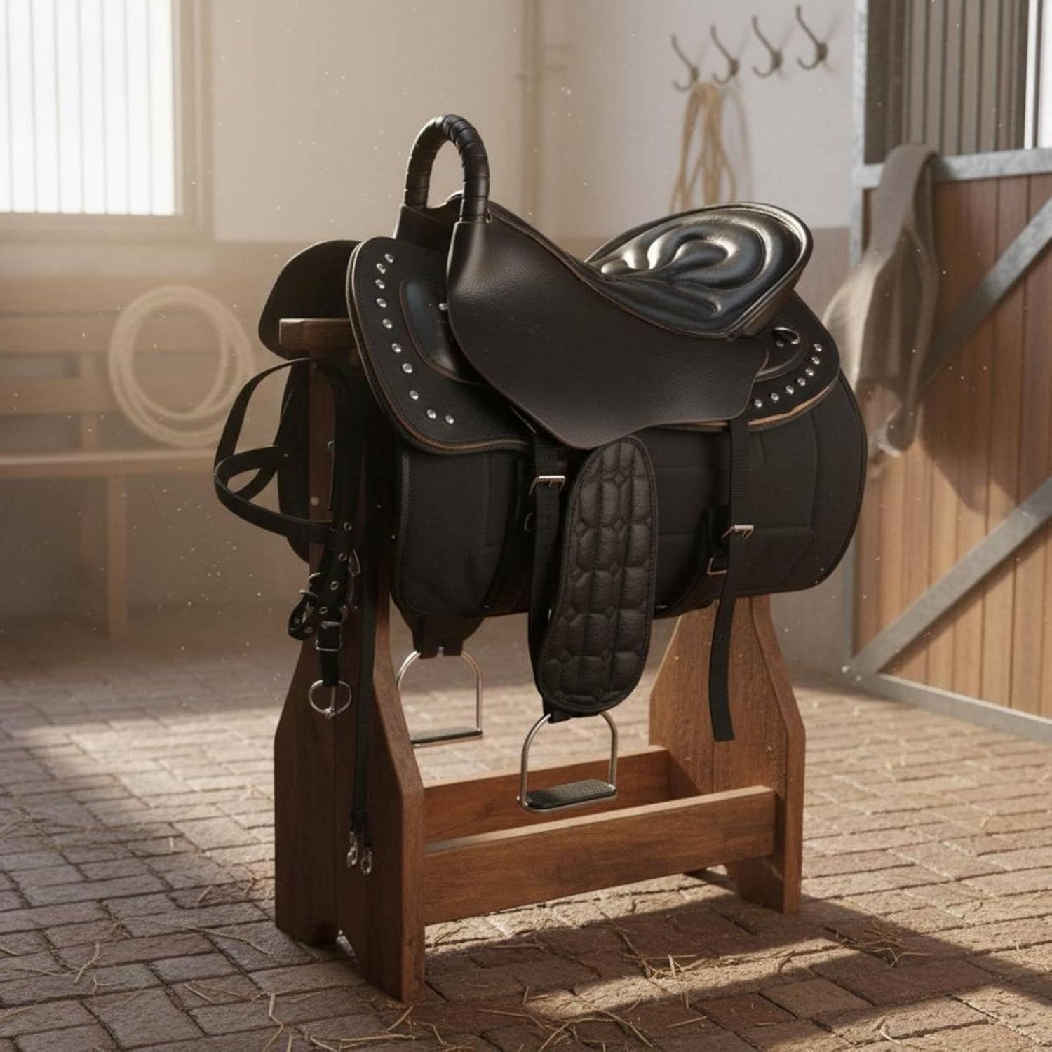 NILoykg& Sella di Cavallo turistico in Pelle Set Completo, Sella di Equitazione Durevole con Assorbimento degli Urti e Design Antiscivolo, Kit Completo di tack,Marrone,L