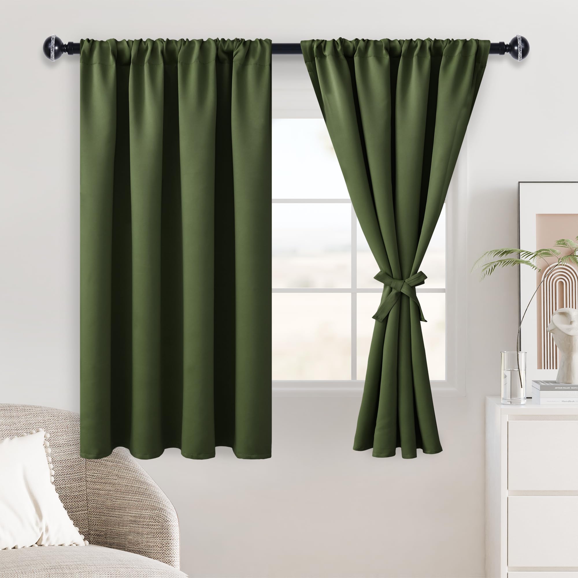 JIUZHEN Christmas Olive Green Blackout Curtains for Bedroom - Thermal Insulated Room Darkening Rod Pocket Curtains for Living Room, Set of 2 Panels