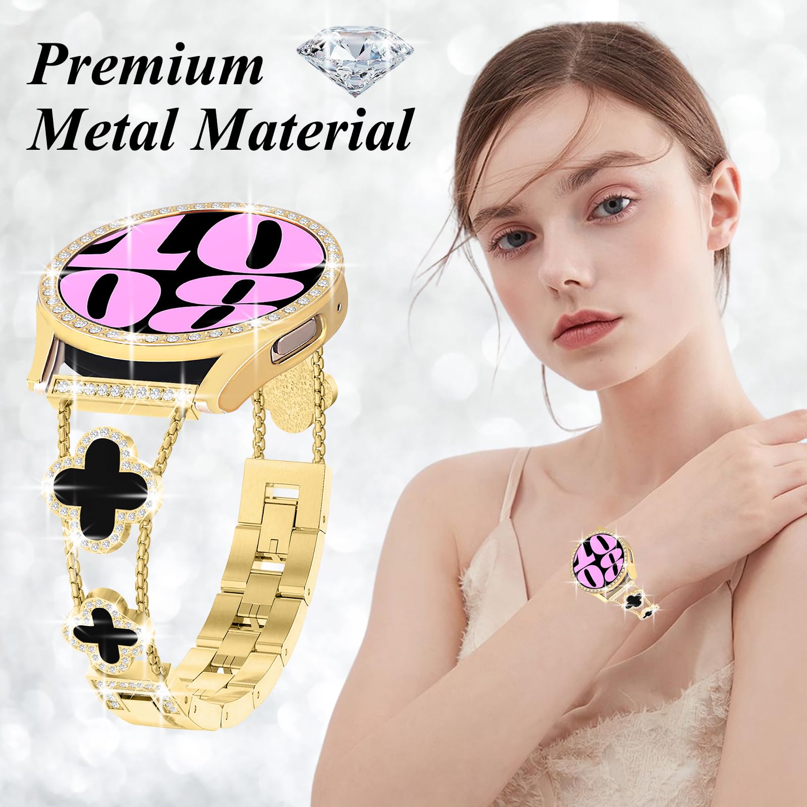 Błyszczący pasek z etui kompatybilny z Samsung Galaxy Watch 6 40 mm 44 mm, 20 mm, damski diamentowy motyl, metalowa bransoletka, pasek ze strasem, z etui ochronnym