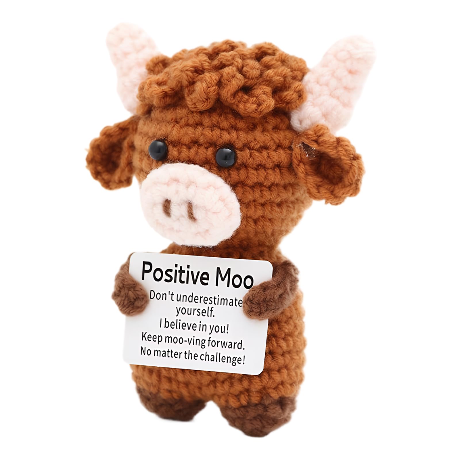LINXINS Funny Positive Highland Cow Mini Knitting Doll with Positivity Card, Cute Wool Highland Cow Gifts for Women Men, Emotional Support Companion for Friends Women Student Christmas