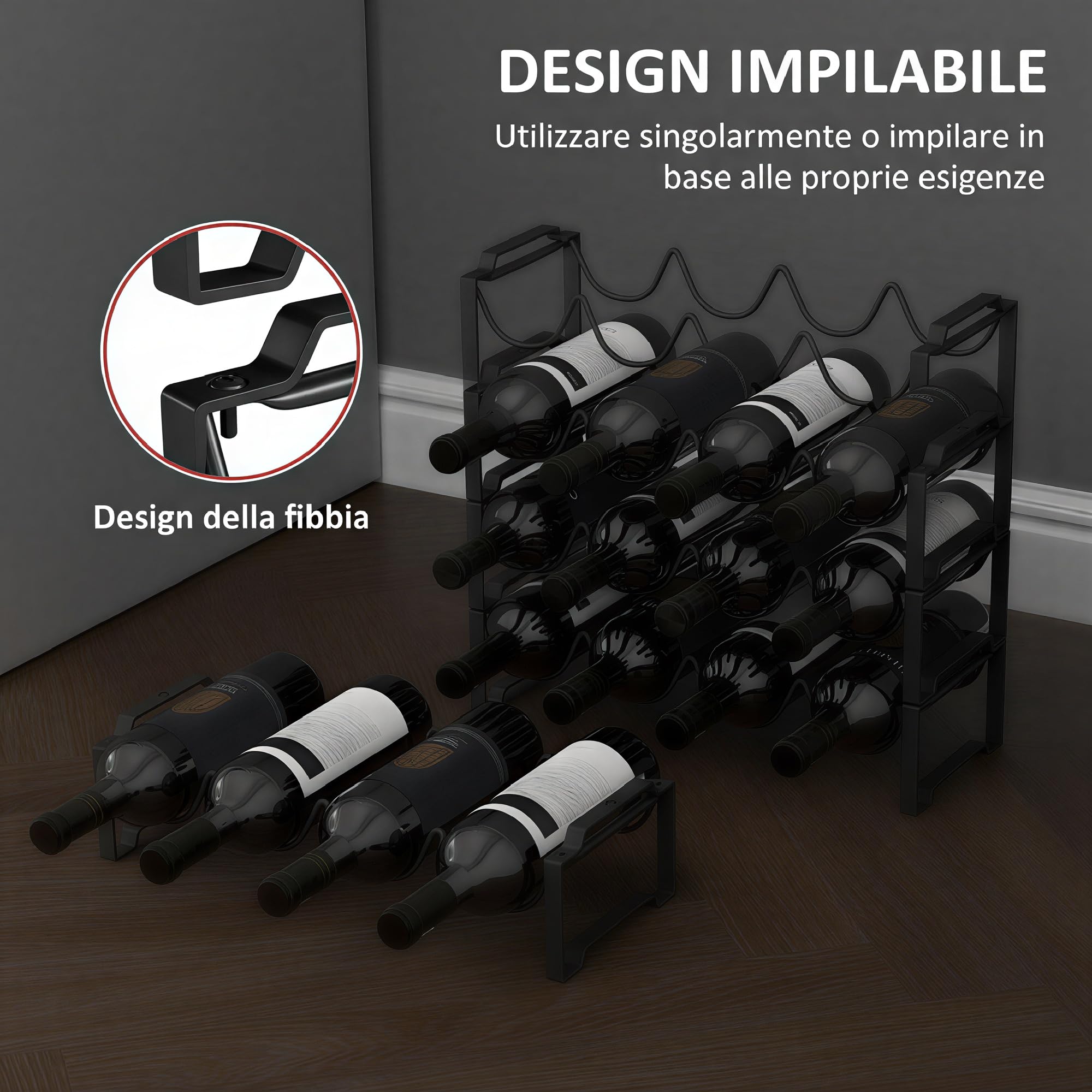 HOMCOM Portabottiglie Vino a 4 Livelli a Onda Impilabili per 16 Bottiglie, Cantinetta Portabottiglie Metallo per Cucina, Bar, Dispensa e Cantina, 42.5x16.5x41 cm Nero