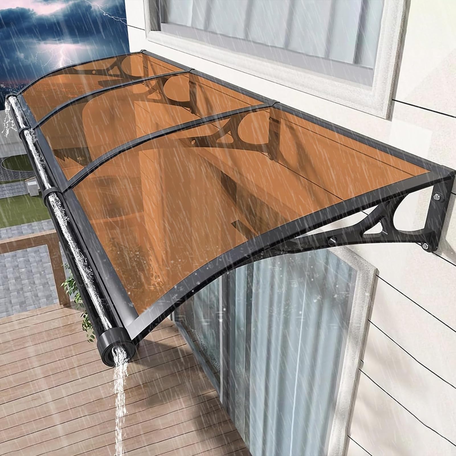 Auvent marquise pour porte d'entrée en polycarbonate marron de 60x240 cm