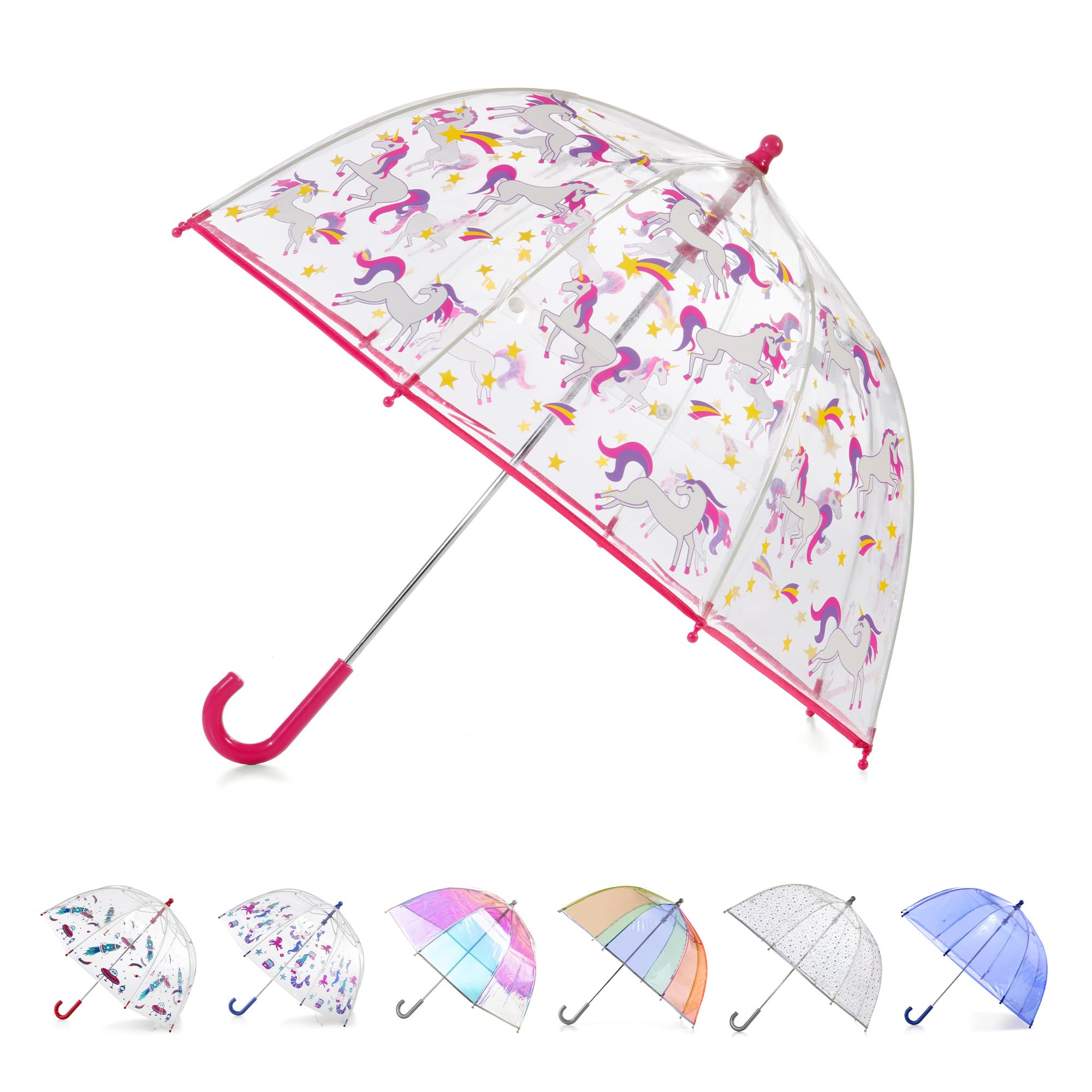 Totes Kids Clear Bubble Umbrella with Easy Grip Handle, Pink Unicorn, One Size, Kids Clear Bubble Umbrella with Easy Grip Handle for Boys and Girls
