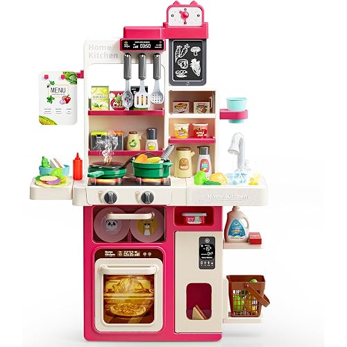 Kids Play Kitchen Set with Sound & Light, Gifts for Toddlers Girls Boys(Red