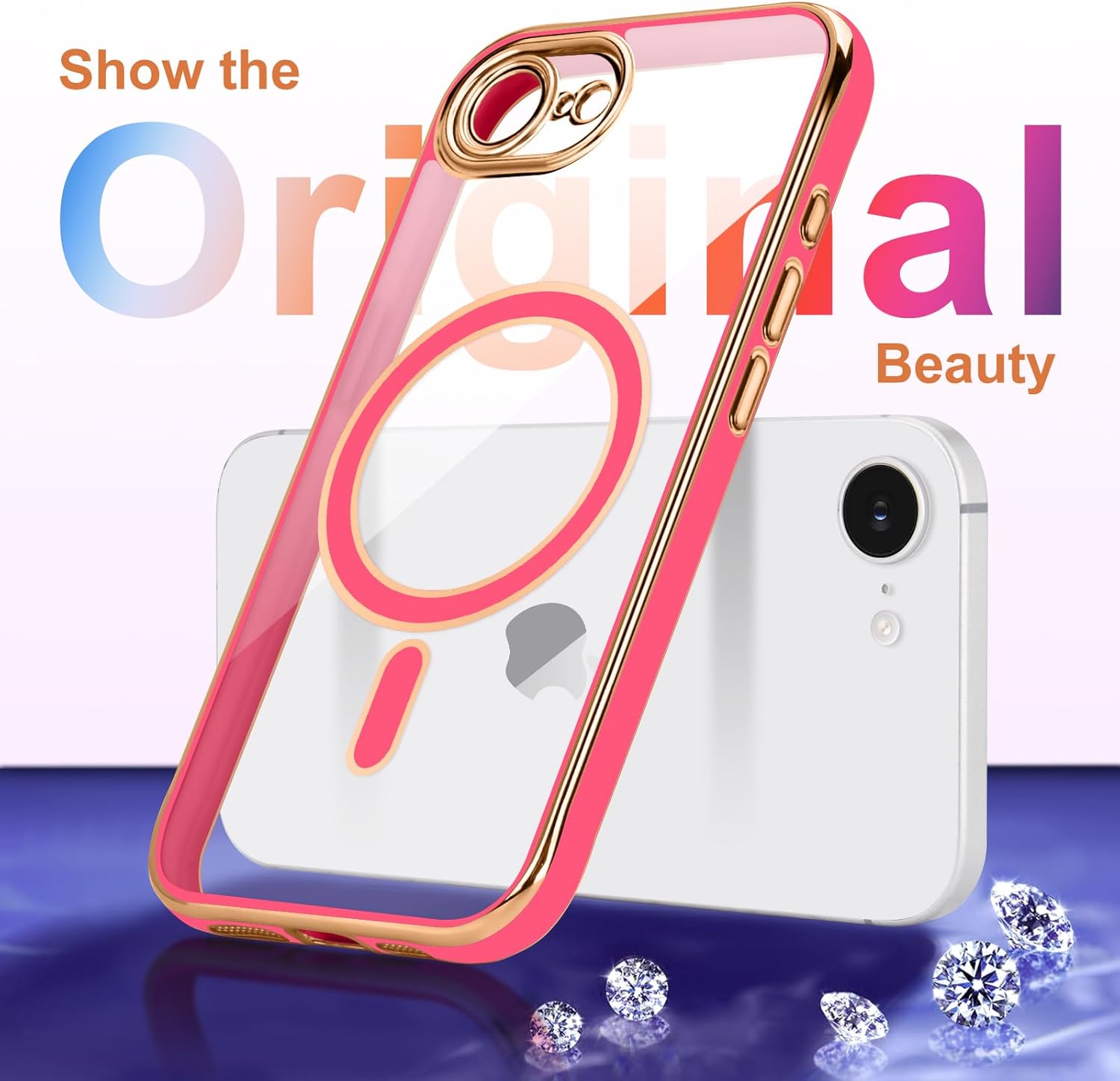 LCHULLE Magnetic for iPhone 16e Case [Compatible with MagSafe] Full Camera Lens Protector Luxury Plating Soft Clear Silicone Cover for Women Men Shockproof Phone Case for iPhone 16e, Hot Pink - Image 3